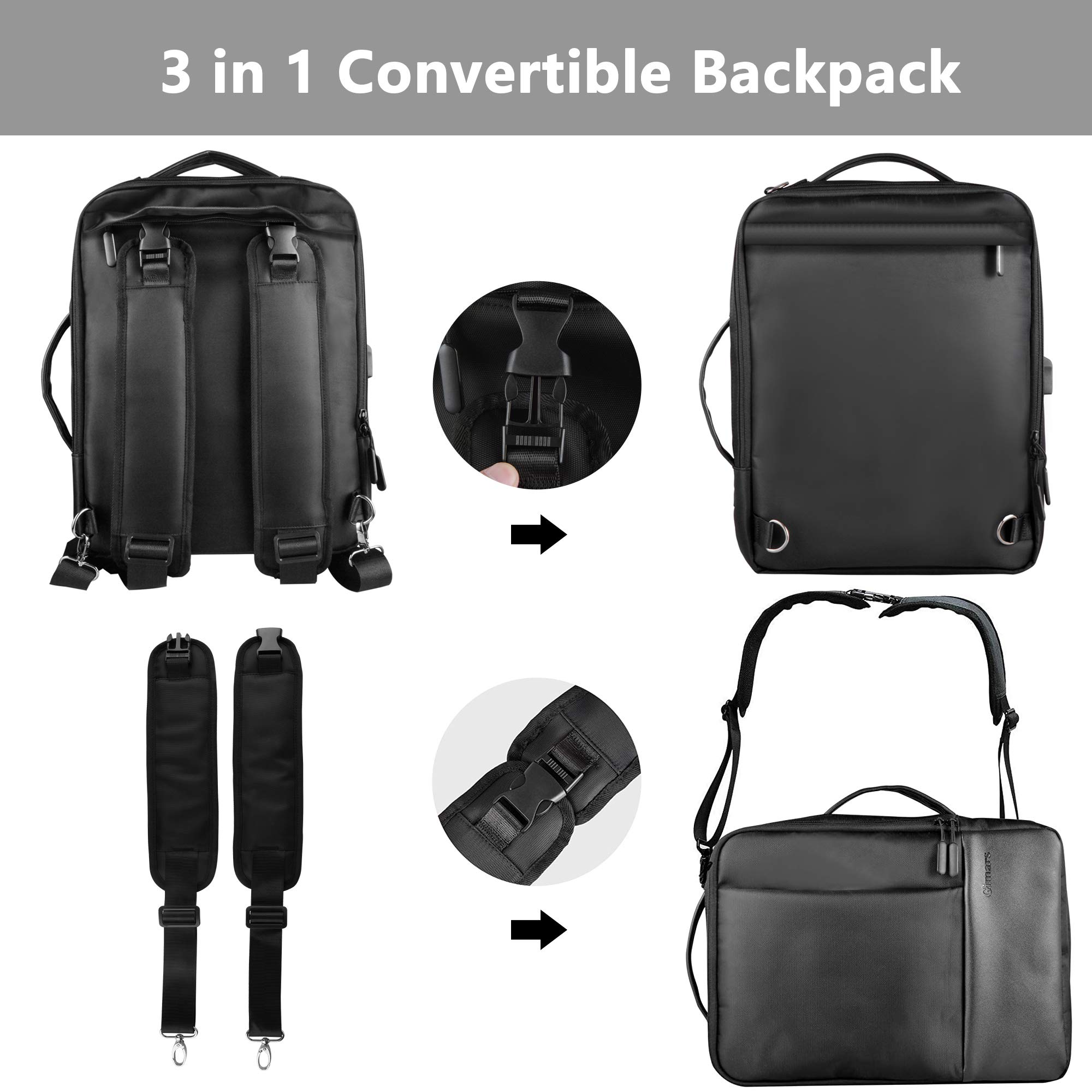Gimars UPGRADE Diseño 3 en 1 Mochila para Portátil 15.6" con Puerto de USB Bolsa Portátil Unisex Mochila Multifuncional Ergonomica para Trabajo Oficina Escuela Negocio Viaje Avión,Negro