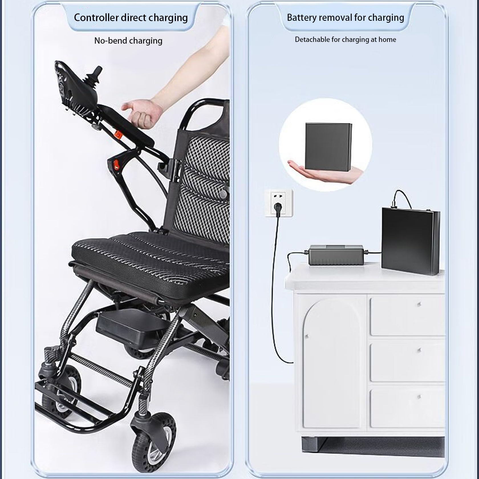 Silla de ruedas eléctrica, marco de aluminio ultraligero, almohadilla suave extraíble, todo terreno, diseño plegable para viajes y uso diario