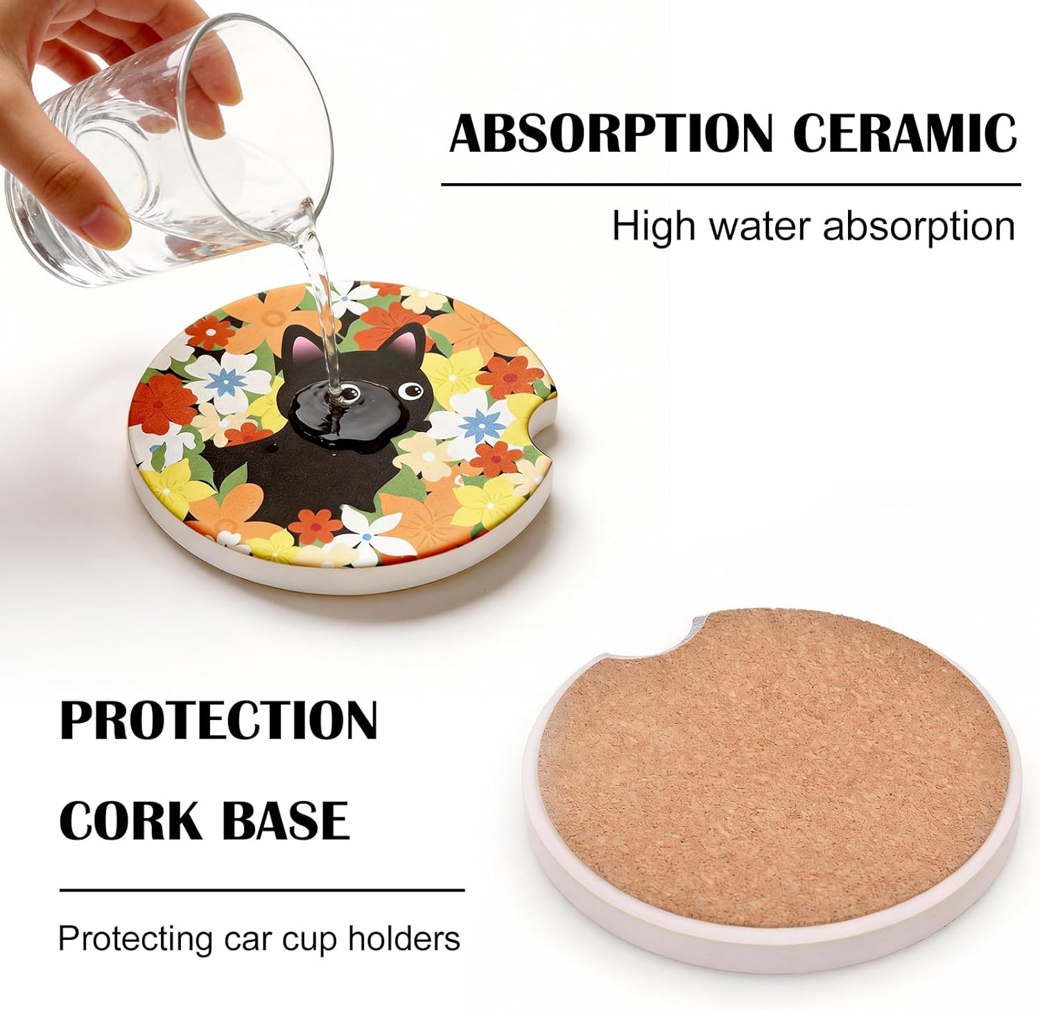2 Pack Car Coasters, Absorbent Car Cup Coasters with Finger Slot, 2.56" Ceramic Anti-Slip Cup Holder Coasters for Car for Women - Image 5