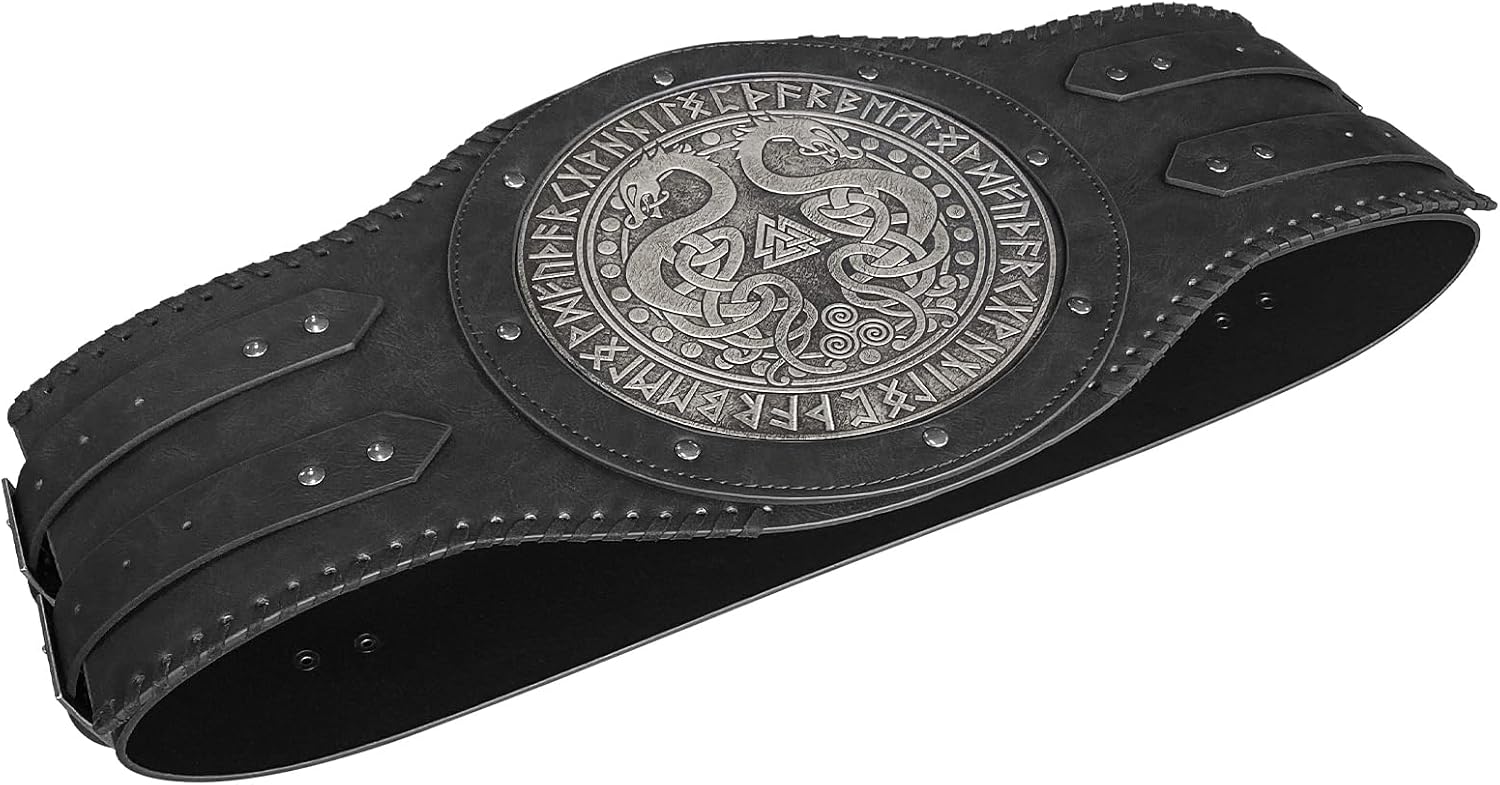 HiiFeuer Viking Embossed Double Dragon Waist Armor, Vintage Norse Faux Leather Wide Belt, Medieval Mercenary Corset Belt - Image 2