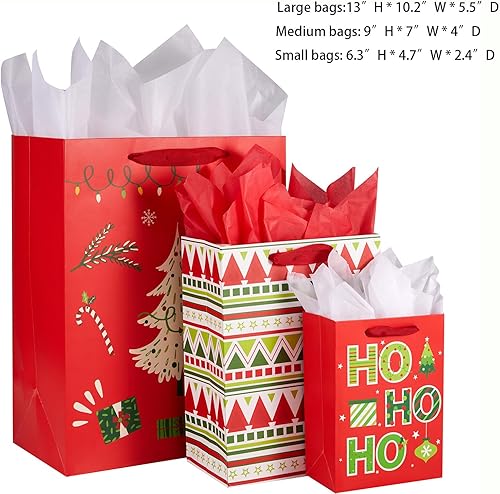 Miniatura 4 de SUNCOLOR Paquete de 9 bolsas de regalo de Navidad de varios tamaños con papel de seda (3 grandes de 13 pulgadas, 3 medianas de 9 pulgadas, 3