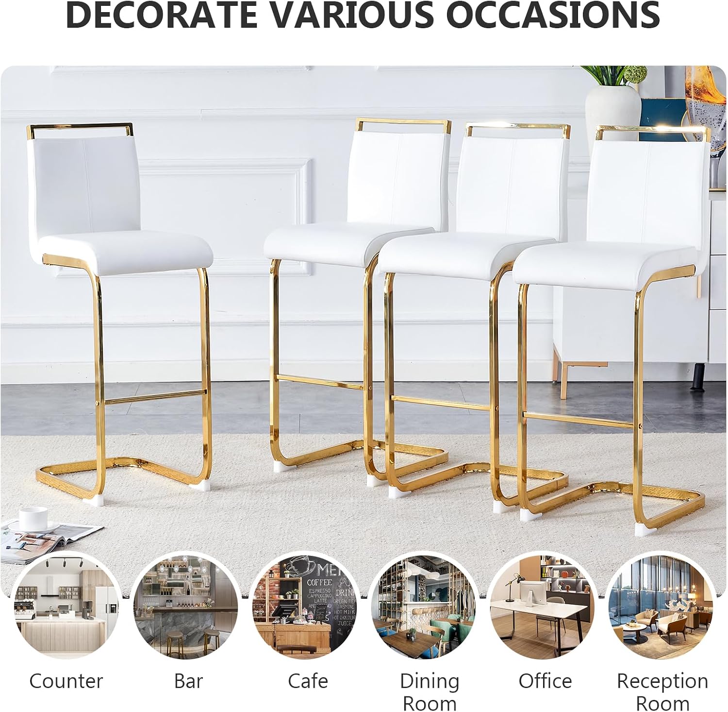 30'' Counter Height Bar Stools Set of 2, Modern Upholstered PU Leather BarStools with Back Chrome Plated Metal Frame, 30 inch Armless Bar Chairs for Kitchen Island (White+Gold, Set of 2)