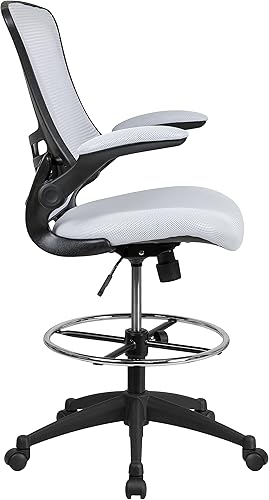 Miniatura 9 de Flash Furniture Kelista Silla de dibujo ergonómica de malla blanca con respaldo medio  Anillo de pie ajustable, brazos abatibles  Comodidad y