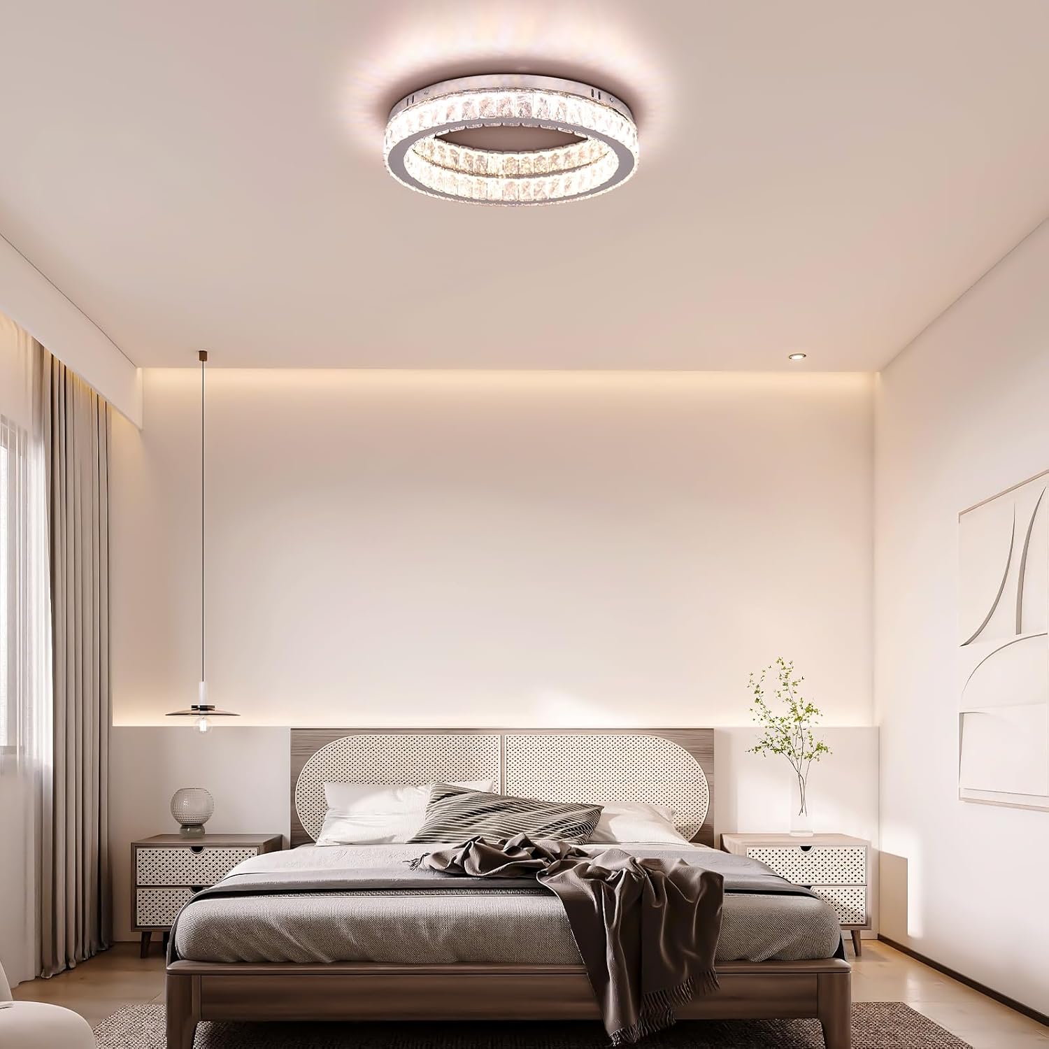 Finktonglan Dimmable Crystal LED Flush Mount Ceiling Light, 17.7" Modern Round Low Profile Chandelier, 48W, Remote, 3000–6500K Tunable White, K9 Crystal & Stainless Steel for Living Room Dining Room