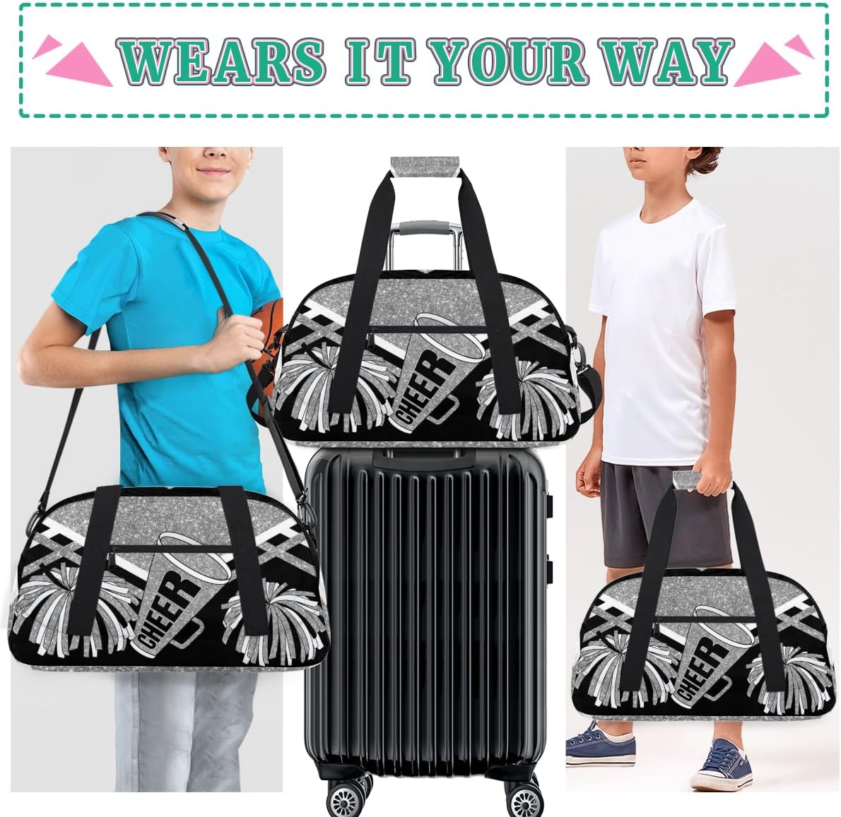 Cheerleading Dance Bag Girls, Sports Bag Gym Sport Duffel Bag Weekender Cheerleaders Bags Travel Dancing Lightweight Bag, Silver Black Glitters Print Effect - Image 6