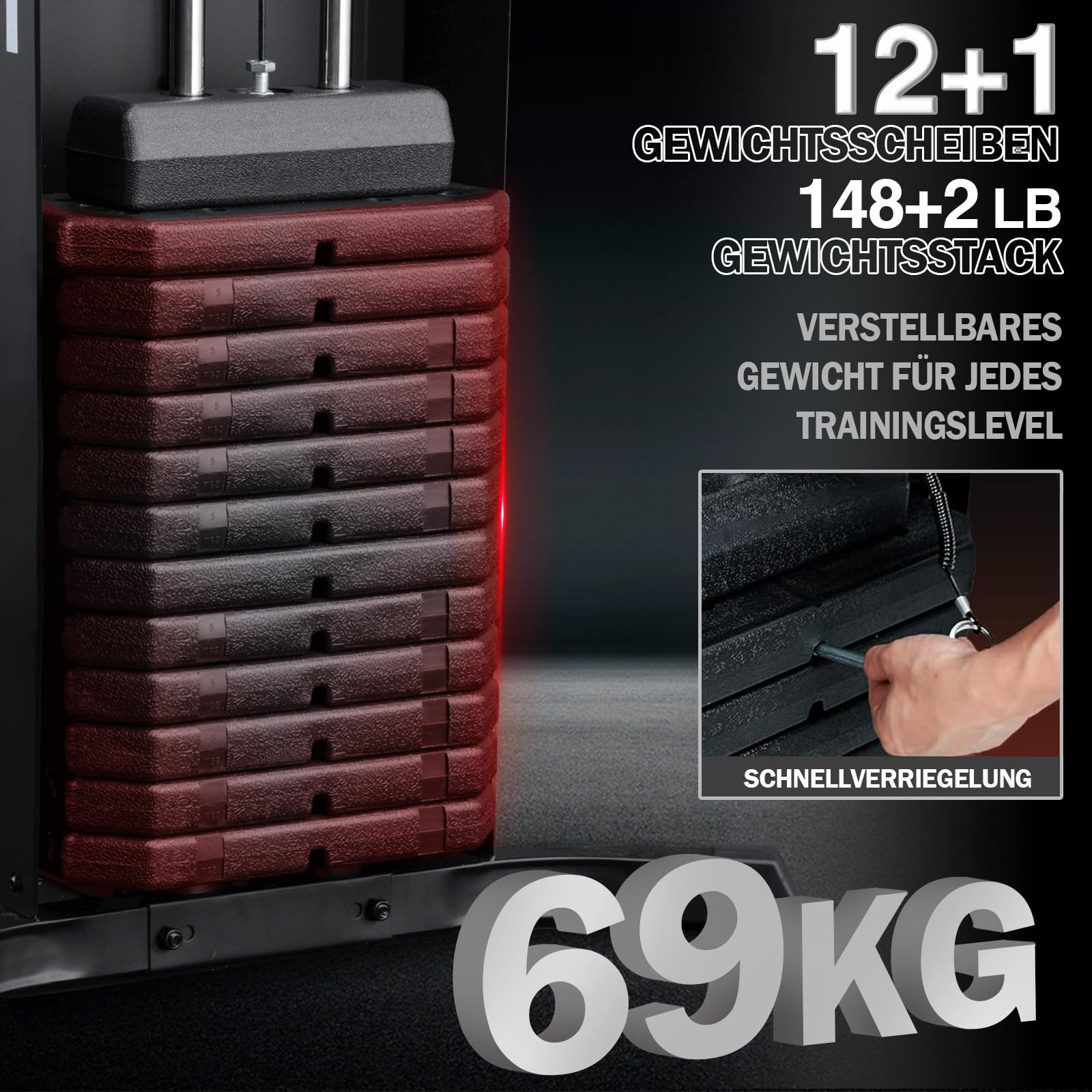 Kraftstation, Multifunktionale Kabelturm mit 69kg Gewichtsscheiben, Kabelzugstation für Zuhause mit Beinpresse, Butterfly- & Latzugstange, Curler