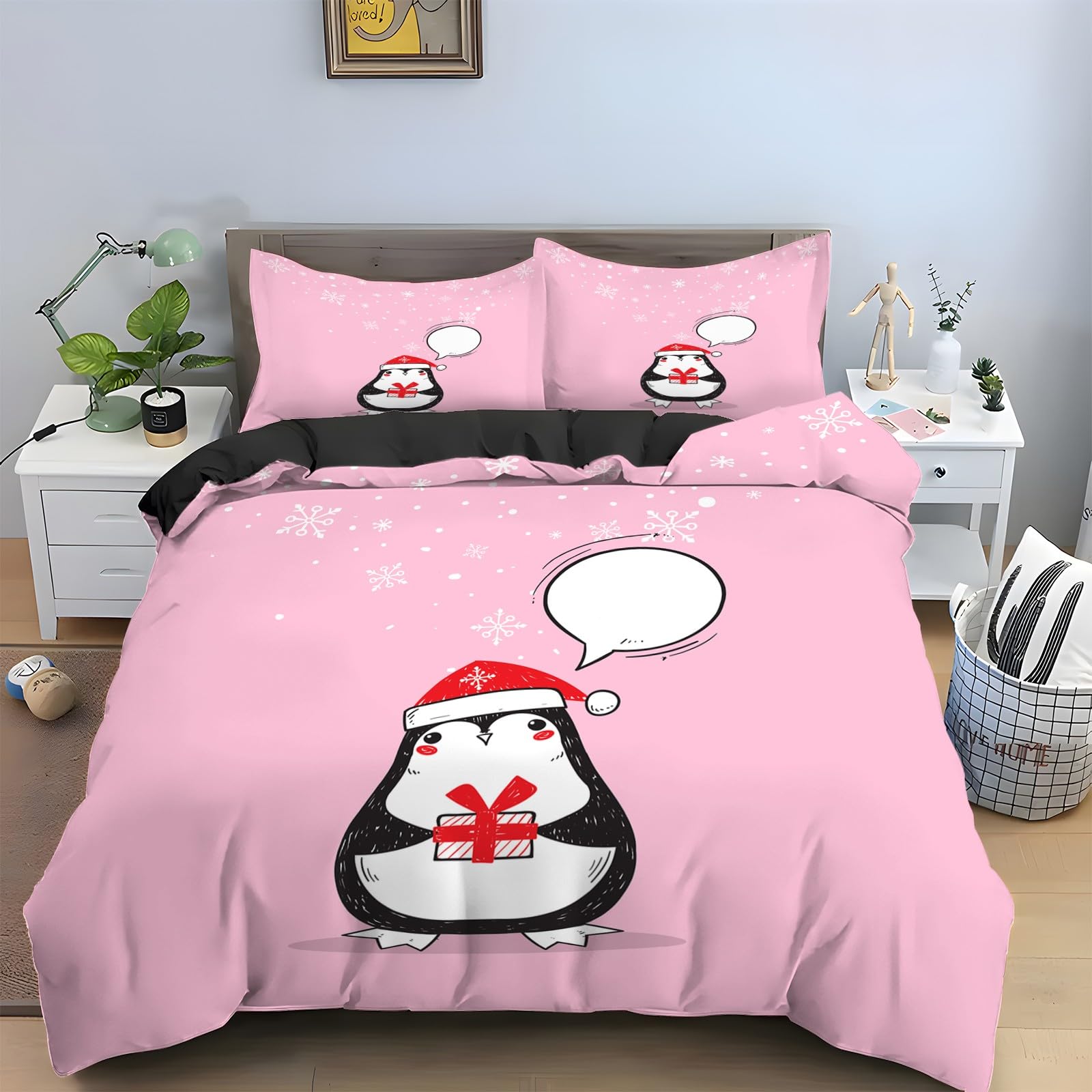 Housse couette en microfibre douce manchot 240x260 pour lit sans plis ni boutons