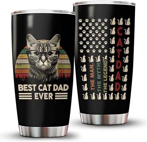 34HD Regalos de gato para papá, vaso con tapa de acero inoxidable de 20 onzas, taza de café de gato negro, regalos de cumpleaños para padre