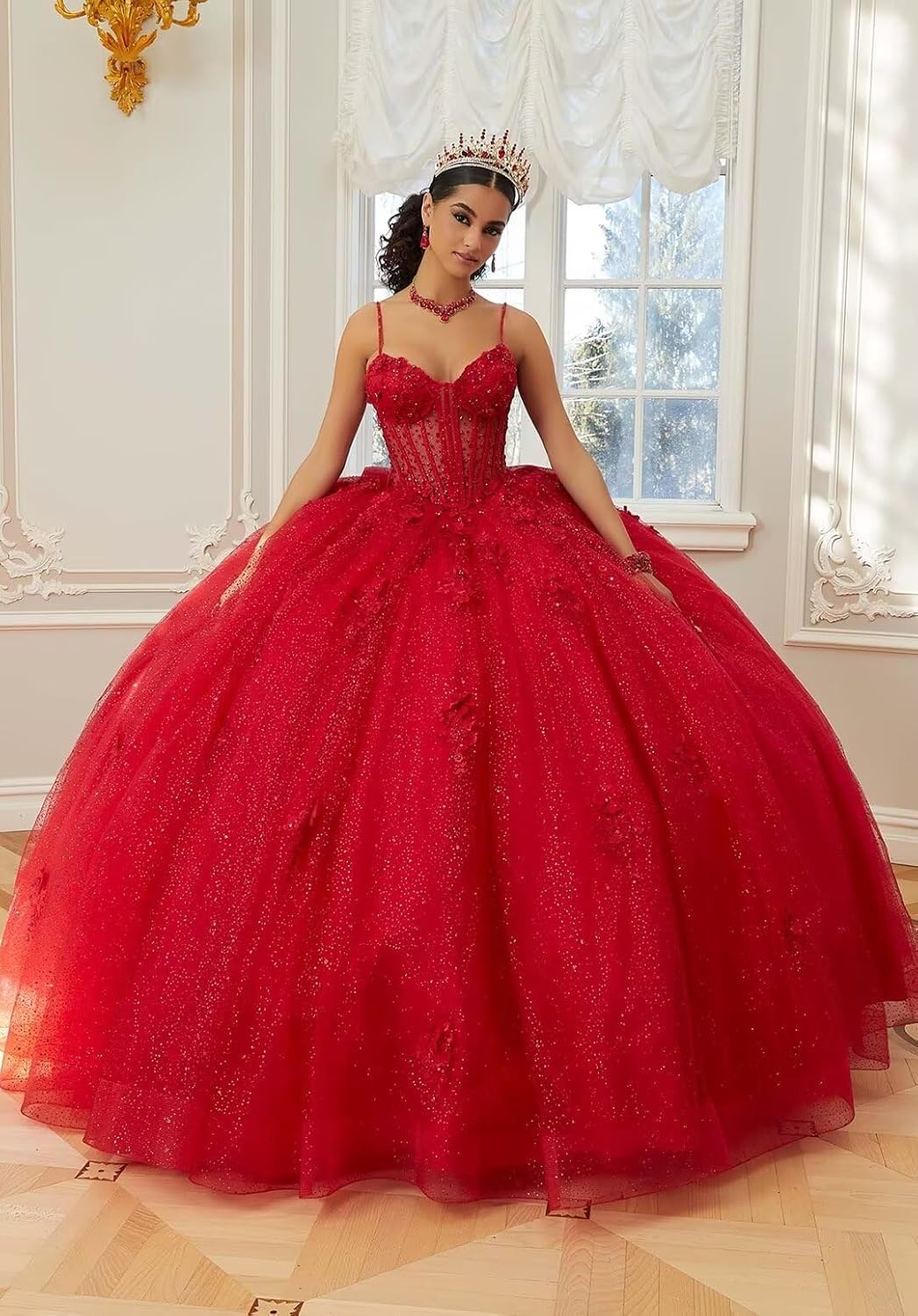Vestidos de quinceañera con Tirantes Finos, Vestidos de Tul Brillante para Adolescentes MT041