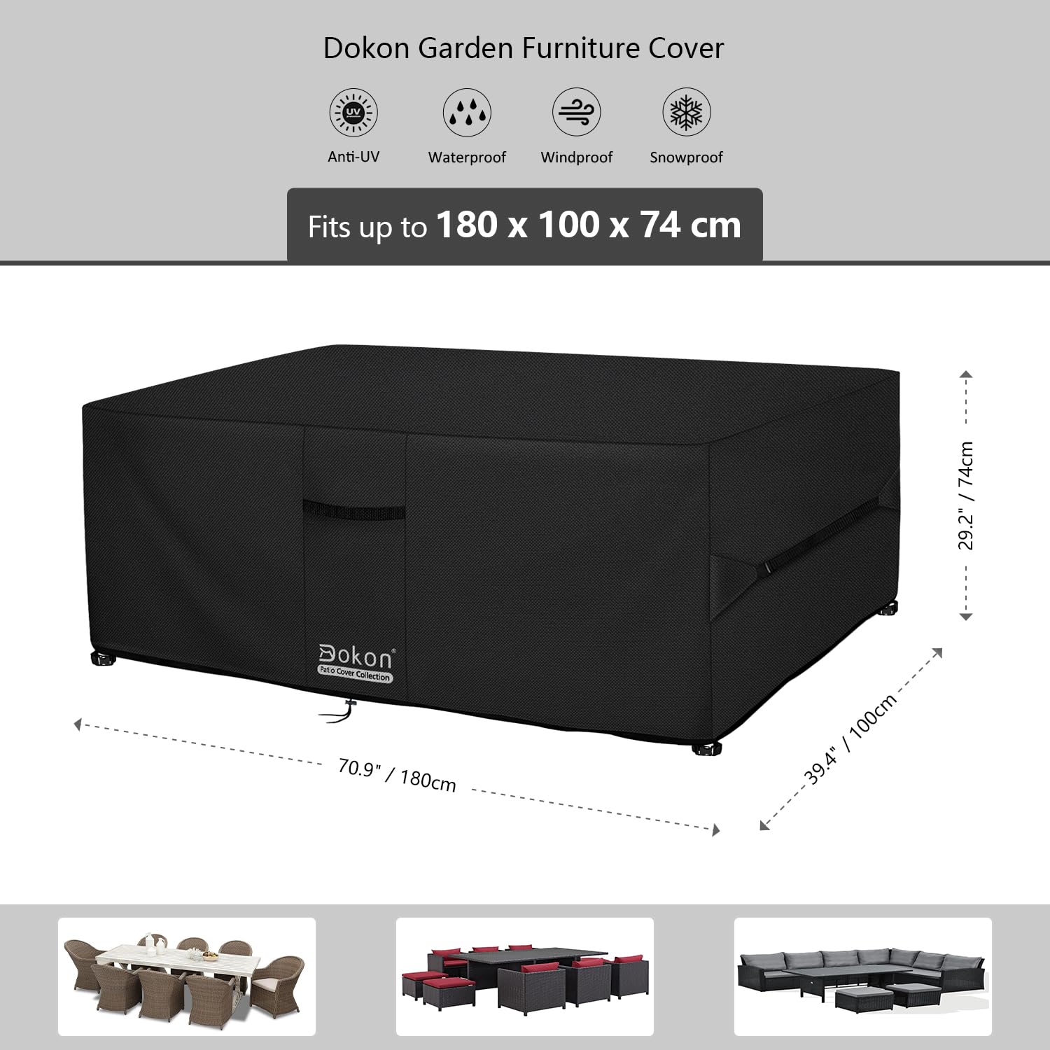 Housse de salon de jardin Dokon (180x100x74cm) en tissu Oxford 420D.