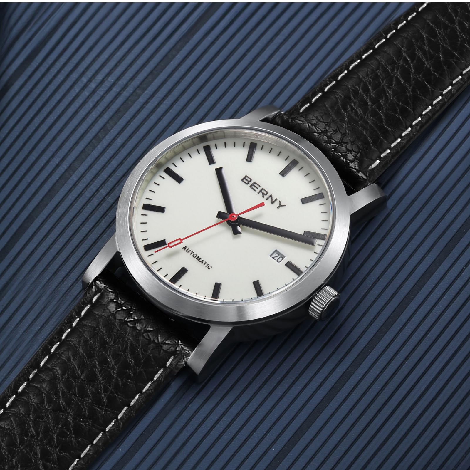 BERNY Clásico Reloj Automático Masculino Mecánico Reloj de Autorollo Correa de Acero Inoxidable 5ATM Impermeable y Luminoso
