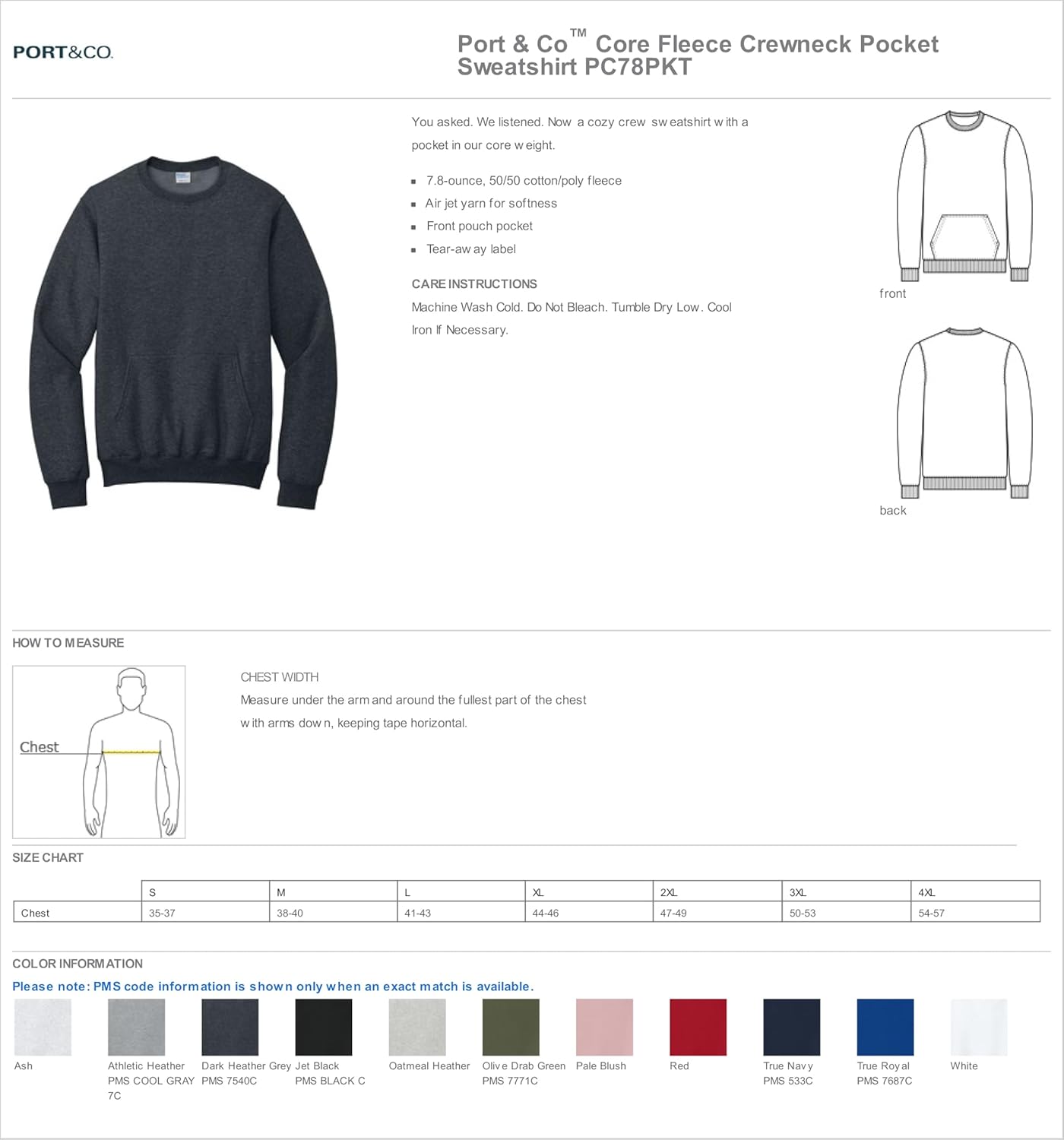 Port & Co Core Fleece Crewneck Pocket Sweatshirt-PC78PKT - Image 7
