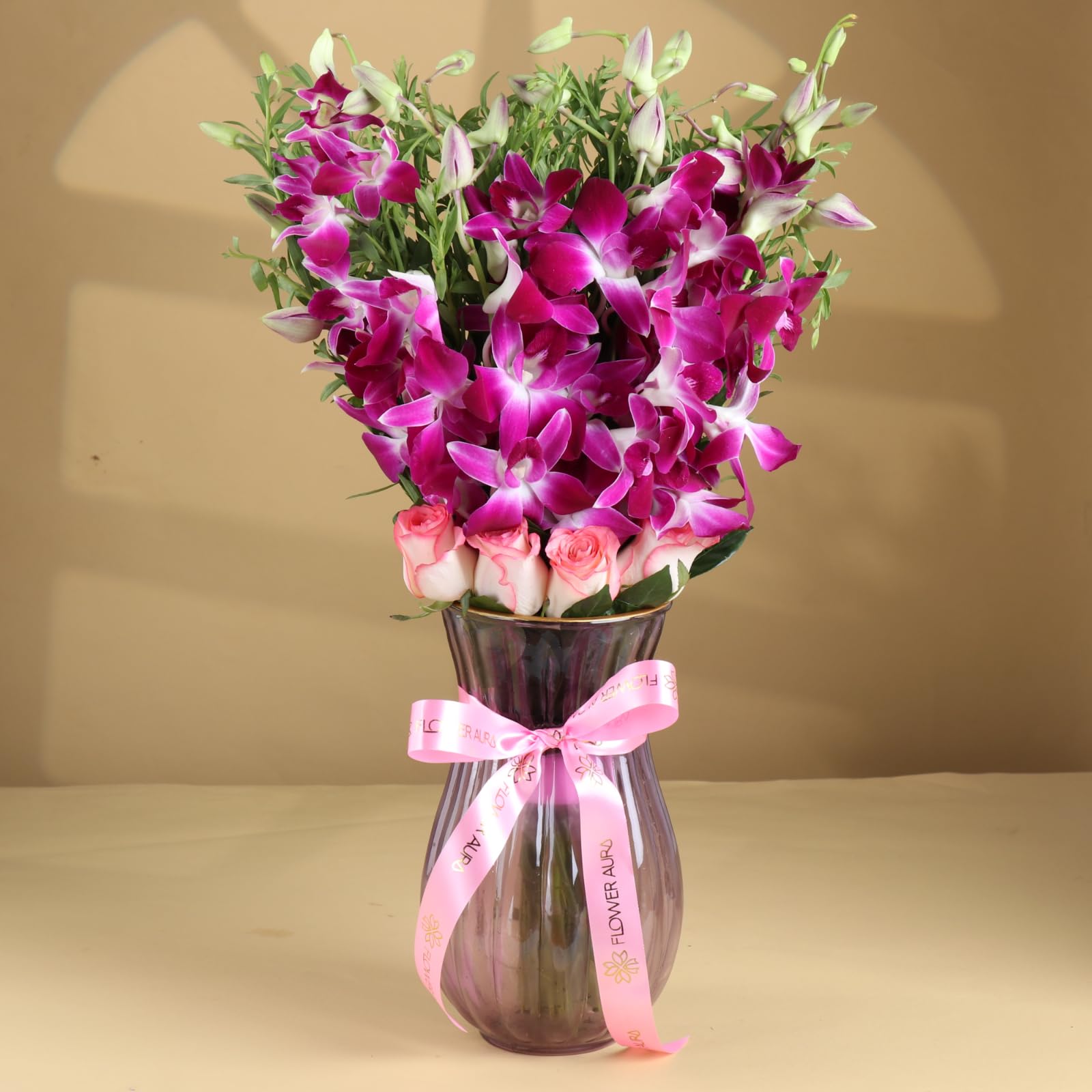 FlowerAura Fresh Live Flower Bouquet of 4 Pink Rose & 6 Purple Flowers In Vase For Birthday Gift, Anniversary Gift, Wedding Gift, Rose Day Gift, Valentine's Day Gift, New Year Gift (Same Day Delivery)-image-36