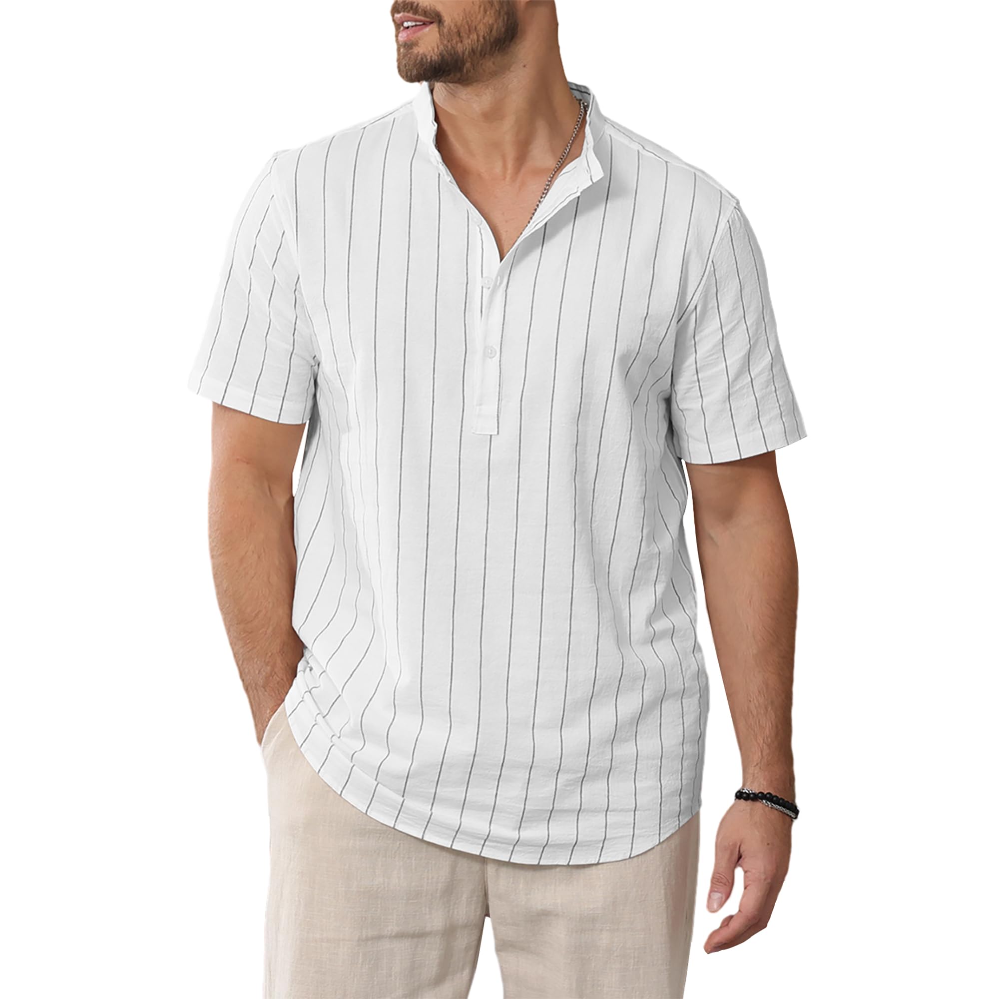 CTU Camisas de algodón para hombre, estilo casual, a rayas, para verano, playa, manga corta, cuello henley