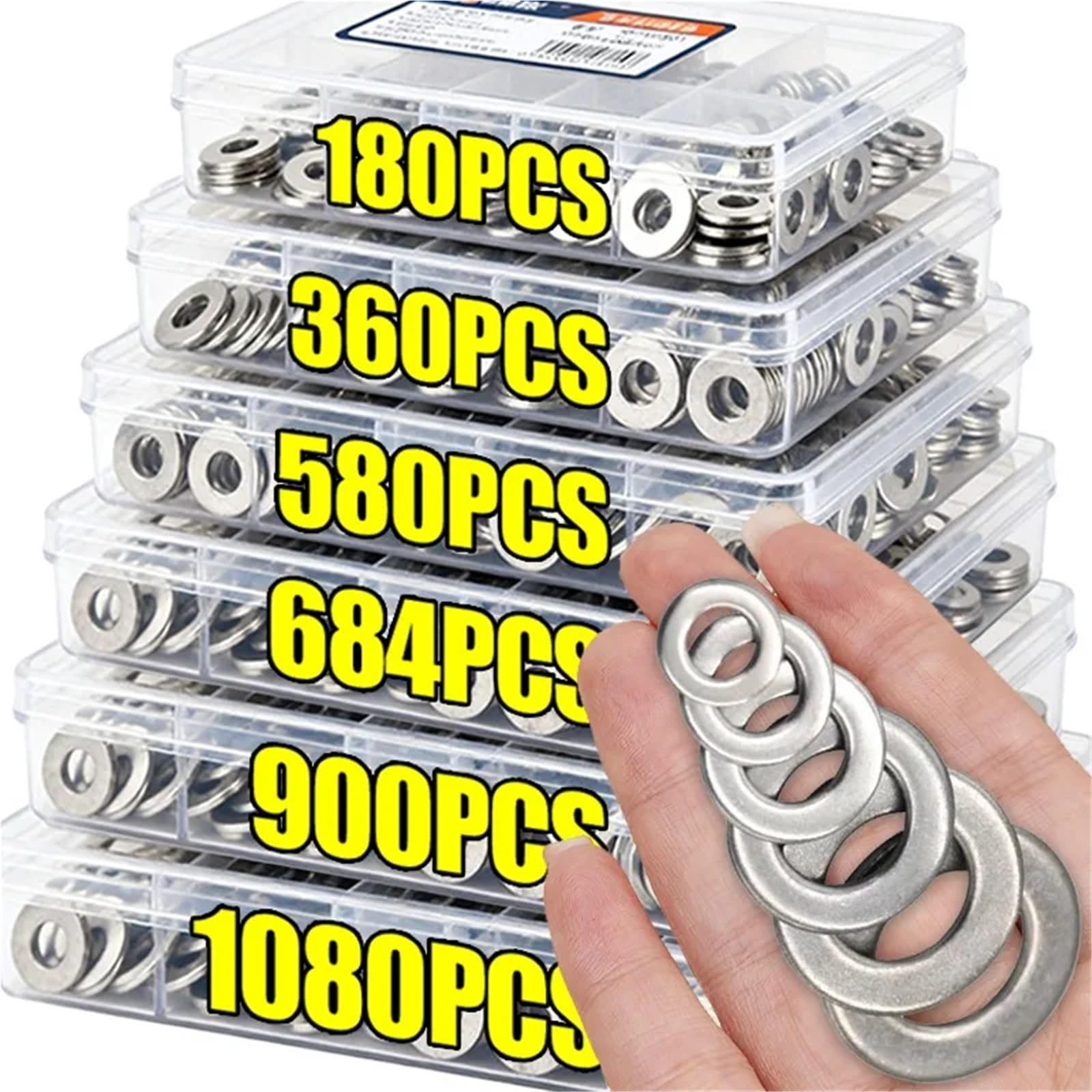 580/684/900/1080 Uds. Juegos De Arandelas Planas Acero Inoxidable M2-M16 Varios Tipos Metálicas para Tornillos(684Pcs with box)