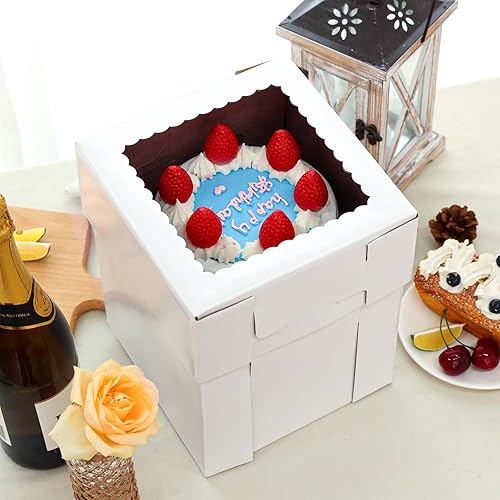 Miniatura 6 de Moretoes Paquete de 6 cajas para pasteles de 8 x 8 x 10 pulgadas de alto con tablas de pastel, caja blanca para pasteles con ventana, portador de