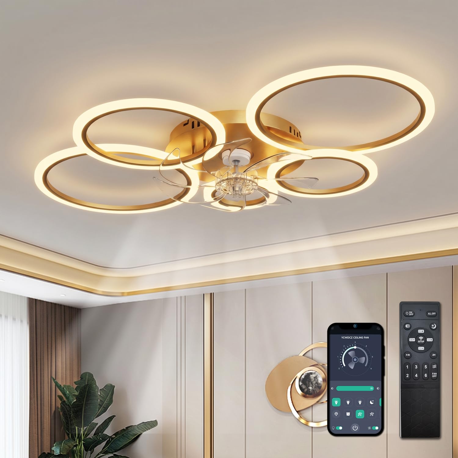 Plafoniera con Ventilatore da Soffitto, Anelli Lampadario Led con Ventilatore da Soffitto, Dimmerabile, Motore DC, Modalità Estate Inverno, Ventola Soffitto con Luce e Telecomando, Oro