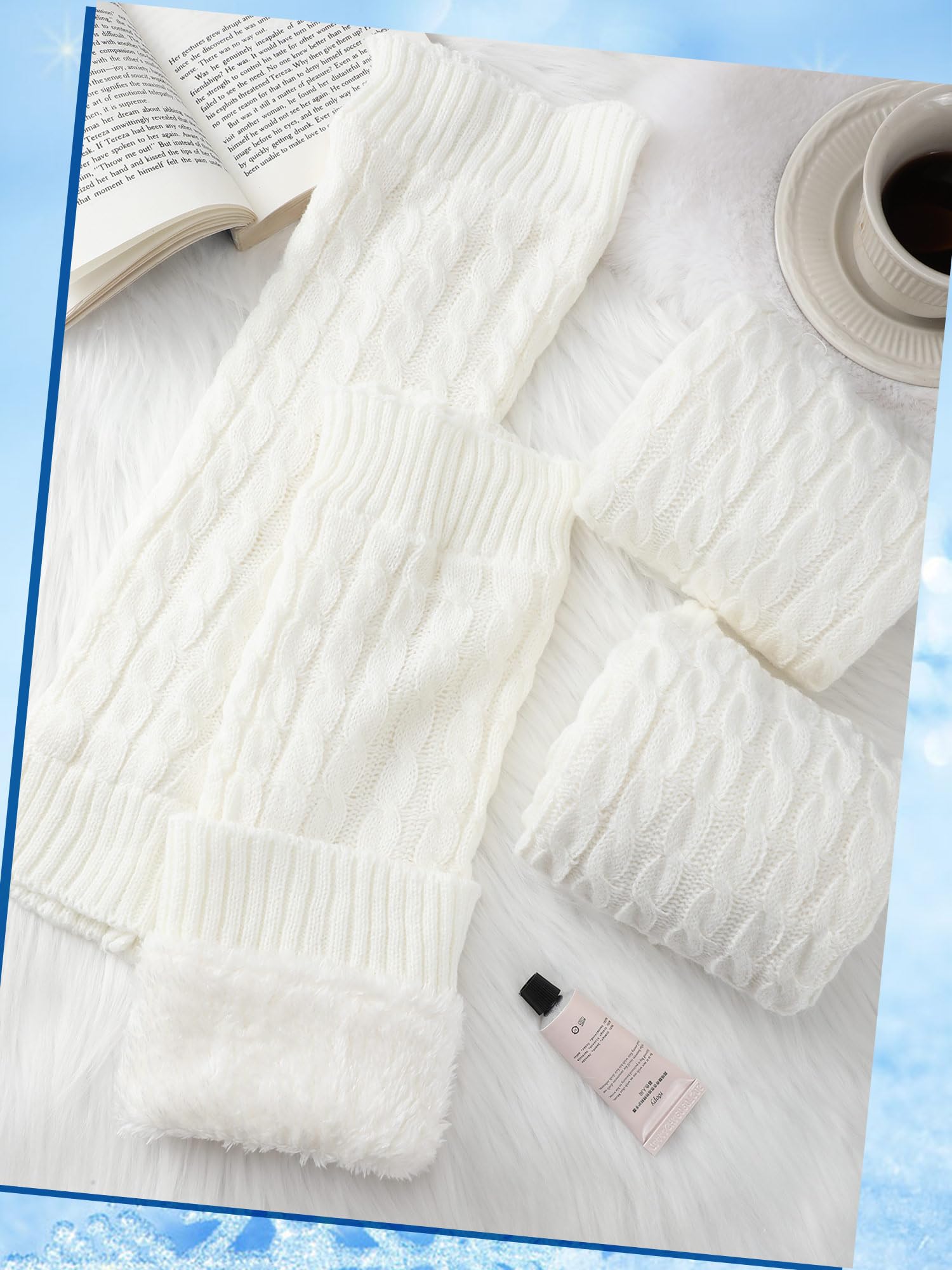 Chuarry 3 Pairs Winter Fleece Lined Leg Warmer for Women Skating Leg Warmer Long Boot Socks for Women Skating Every Day Wear: White 8 Figure Knit Pattern