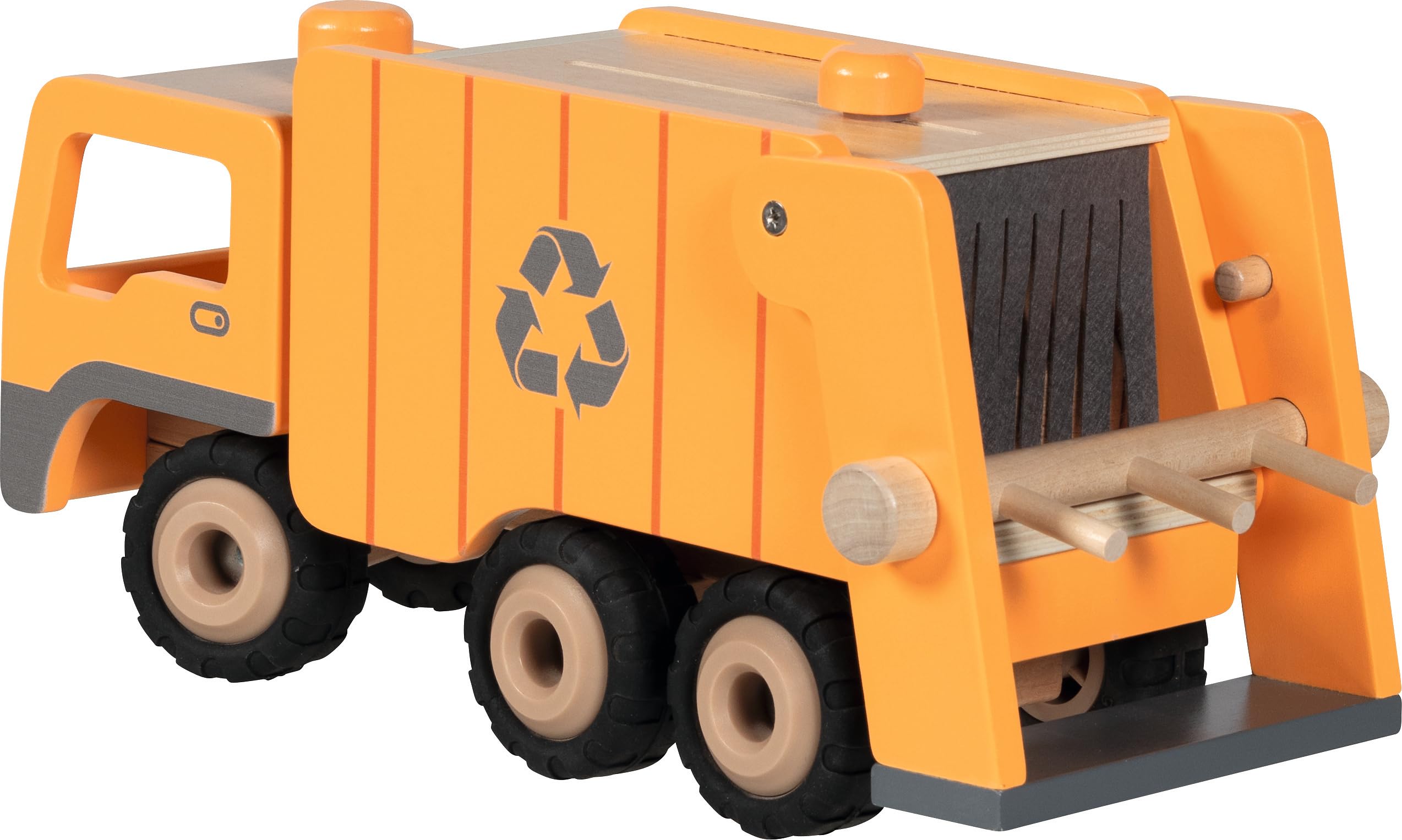 goki 55848 - Camión de Basura Eco de Madera – Dirigible Mediante botón Giratorio, Dispositivo de elevación y 2 Cubos de Basura, 36 × 16 × 17,5 cm