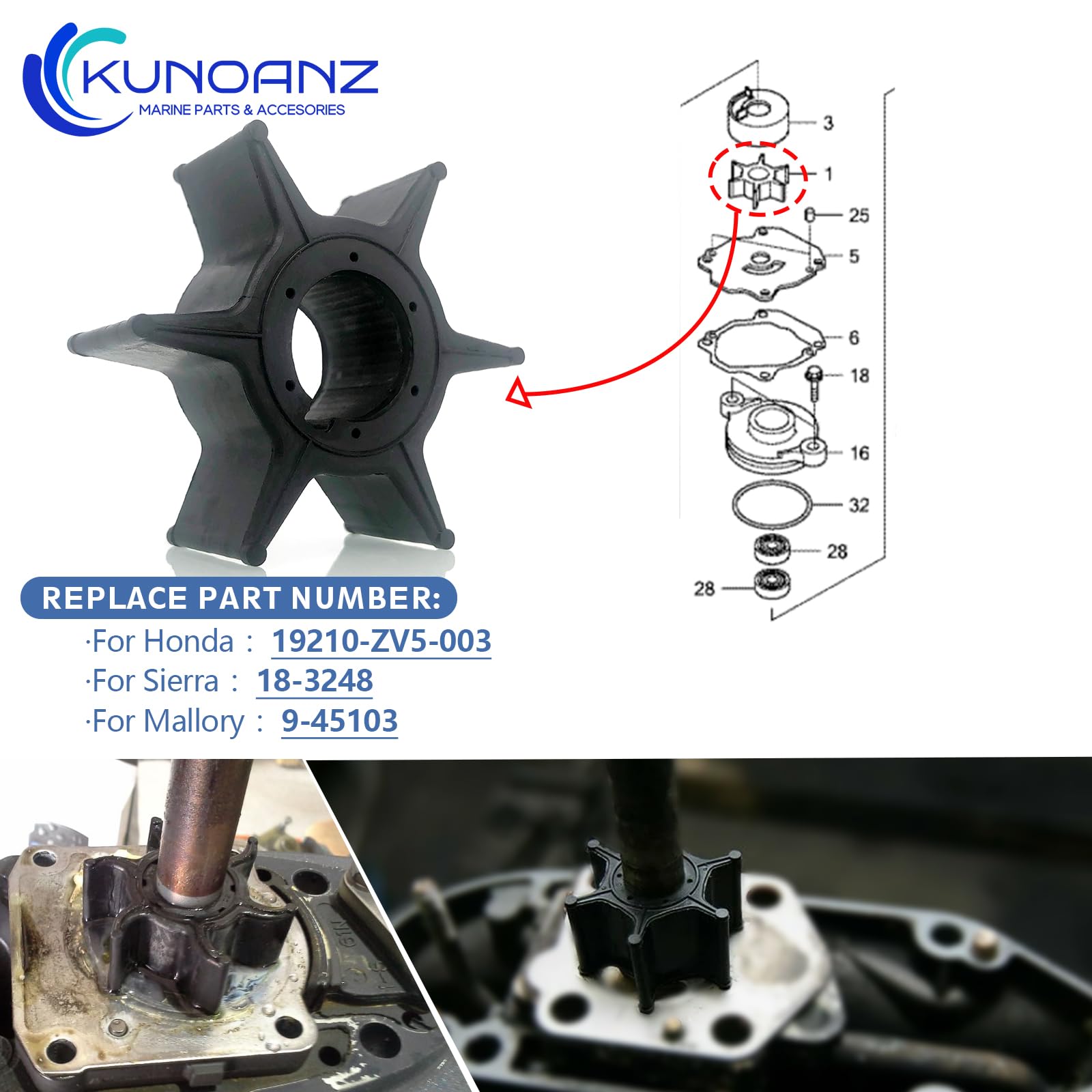 19210-ZV5-003 Water Pump Impeller For Honda 35 40 45 50 60 HP 4