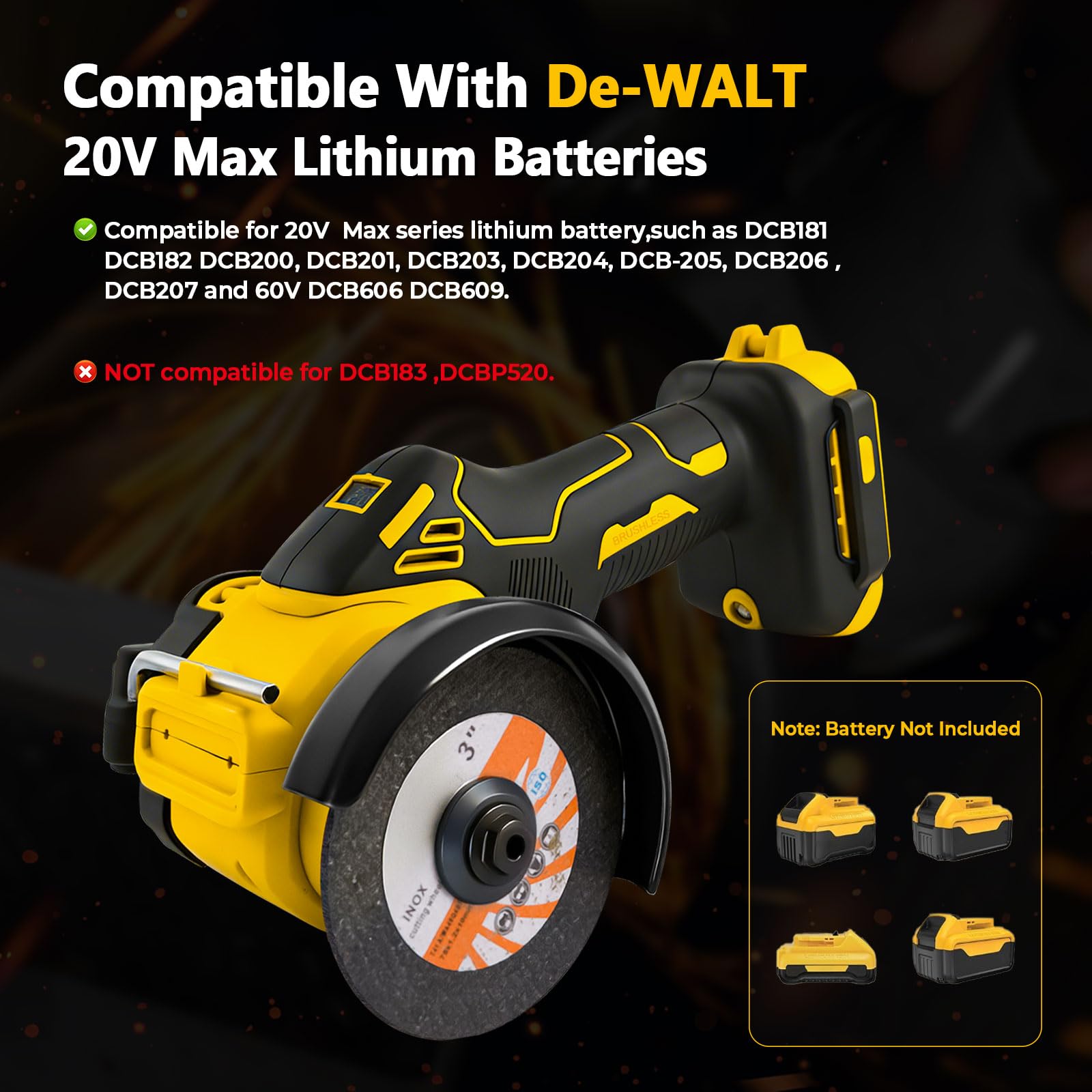 Mini smerigliatrice angolare per batterie DeWalt da 18 V 20 V, strumento di taglio senza fili da 7,6 cm, 20000 giri/min, senza spazzole, con luce LED, compatibile con DEWALT DCB181 DCB182 (solo
