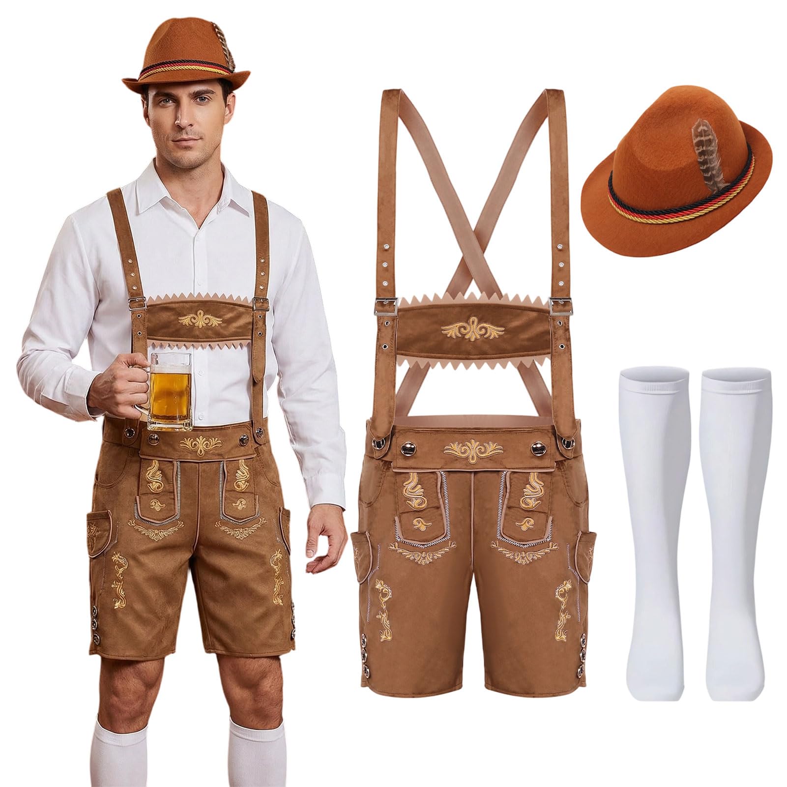 Essestim Oktoberfest Men's Costume, Traditional Bavarian Oktoberfest Lederhosen Costume Set with Suspenders Shorts Hat Stocking for Beer Festival Traditional Fancy Dress (Brown, M)