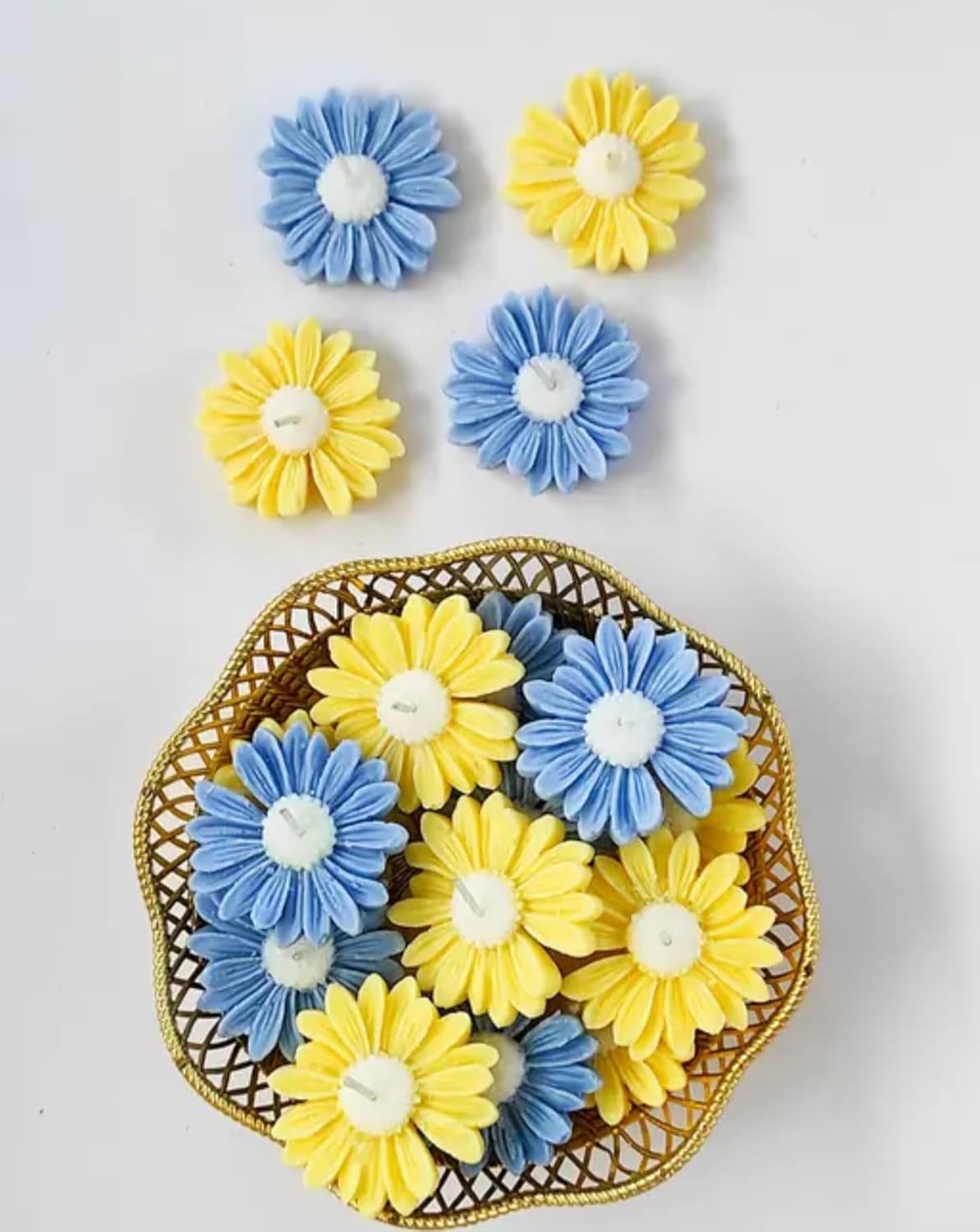 Decorative Daisy Floating Candles, Blue and Yellow, Set of 10 with Gold Basket