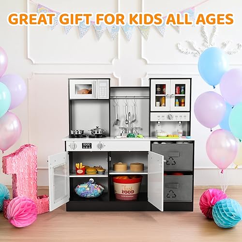 Miniatura 7 de Arlopu Cocina de juego para niños, cocina de juguete de simulación de madera, juego grande de cocina con utensilios de cocina, estufa con luz y