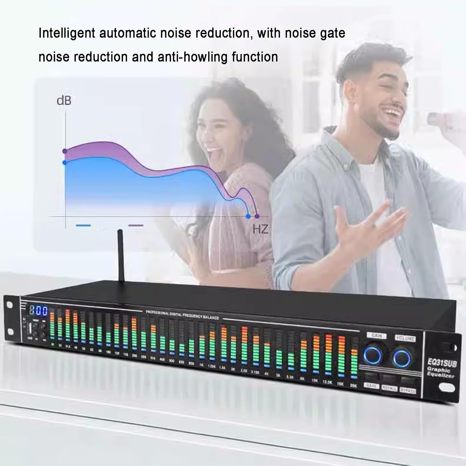 Procesador de Audio Ecualizador gráfico estéreo de 31 Bandas, Ecualizador de Audio Digital, con Pantalla de Espectro LED, 10 Efectos preestablecidos, reducción de Ruido