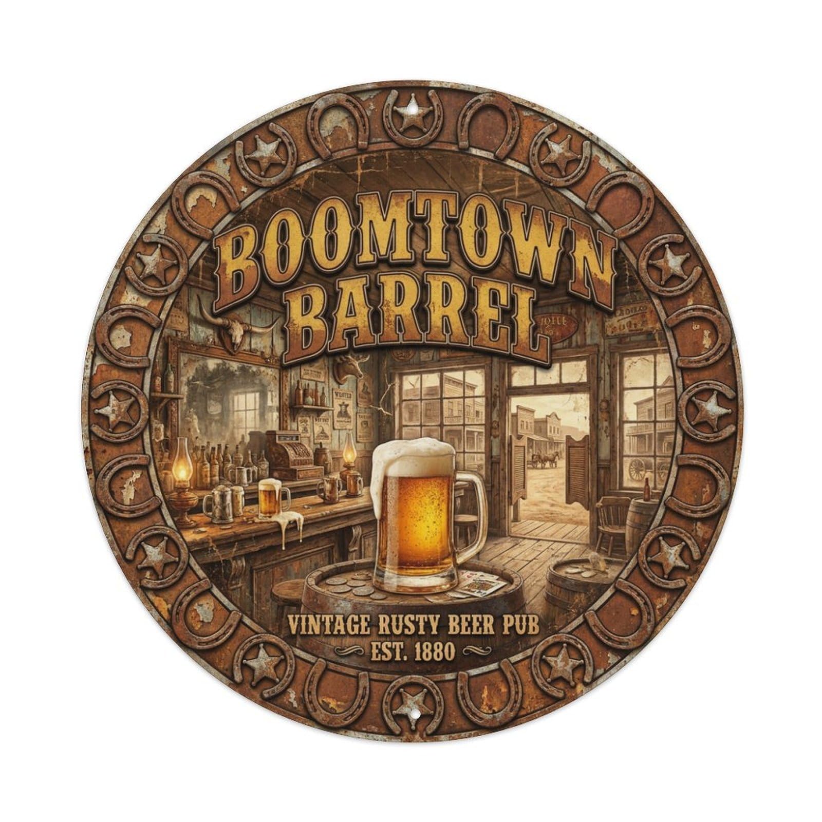 Vintage Beer Western Cowboy Boomtown Barrel Retro Bar for Metal Tin Sign