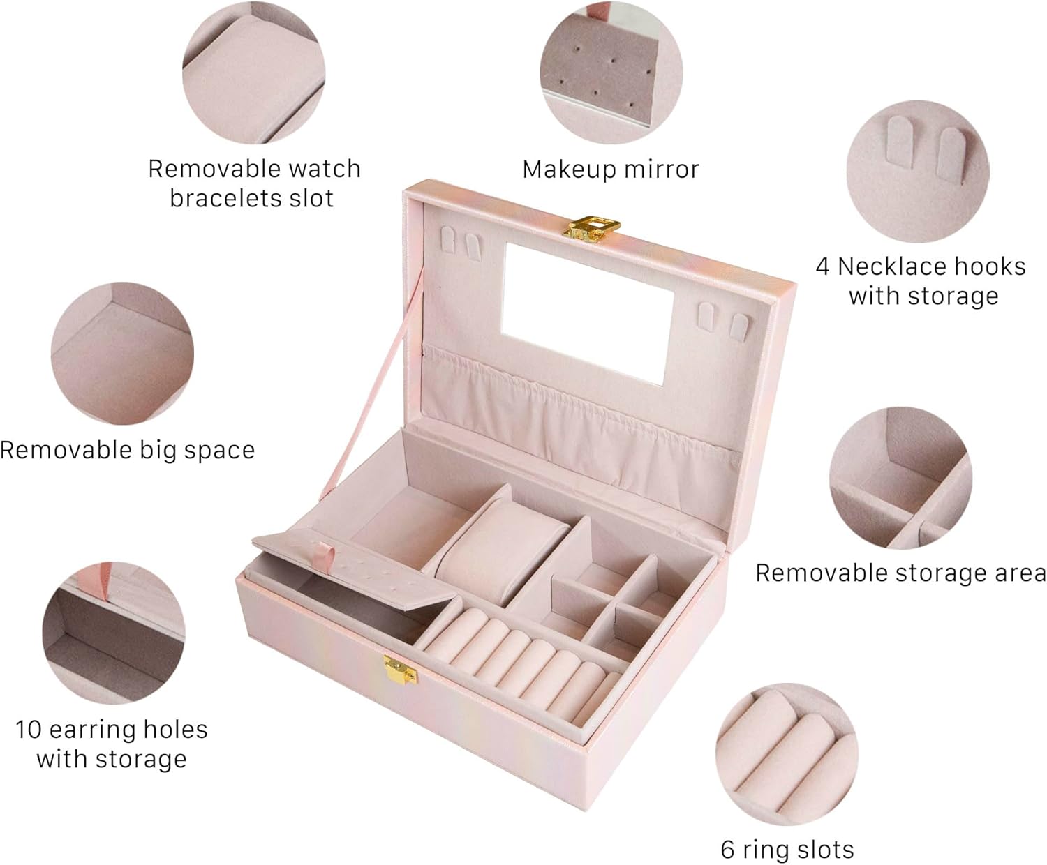 Customizable Rainbow Leather Box with Mirror, Jewelry Case, Jewelry Organizer, Jewelry Box for Women and Girls, Jewelry Organizer (Light Pink Rainbow)