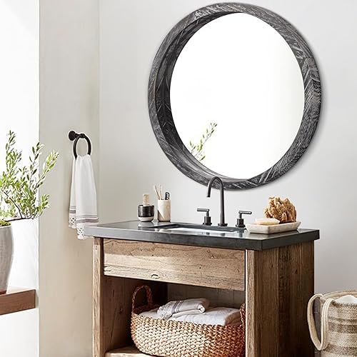 Miniatura 102 de JJUUYOU Espejo circular de pared redondo para baño, espejo de tocador marrón rústico, pequeño círculo decorativo para pared, marco de madera, espejo