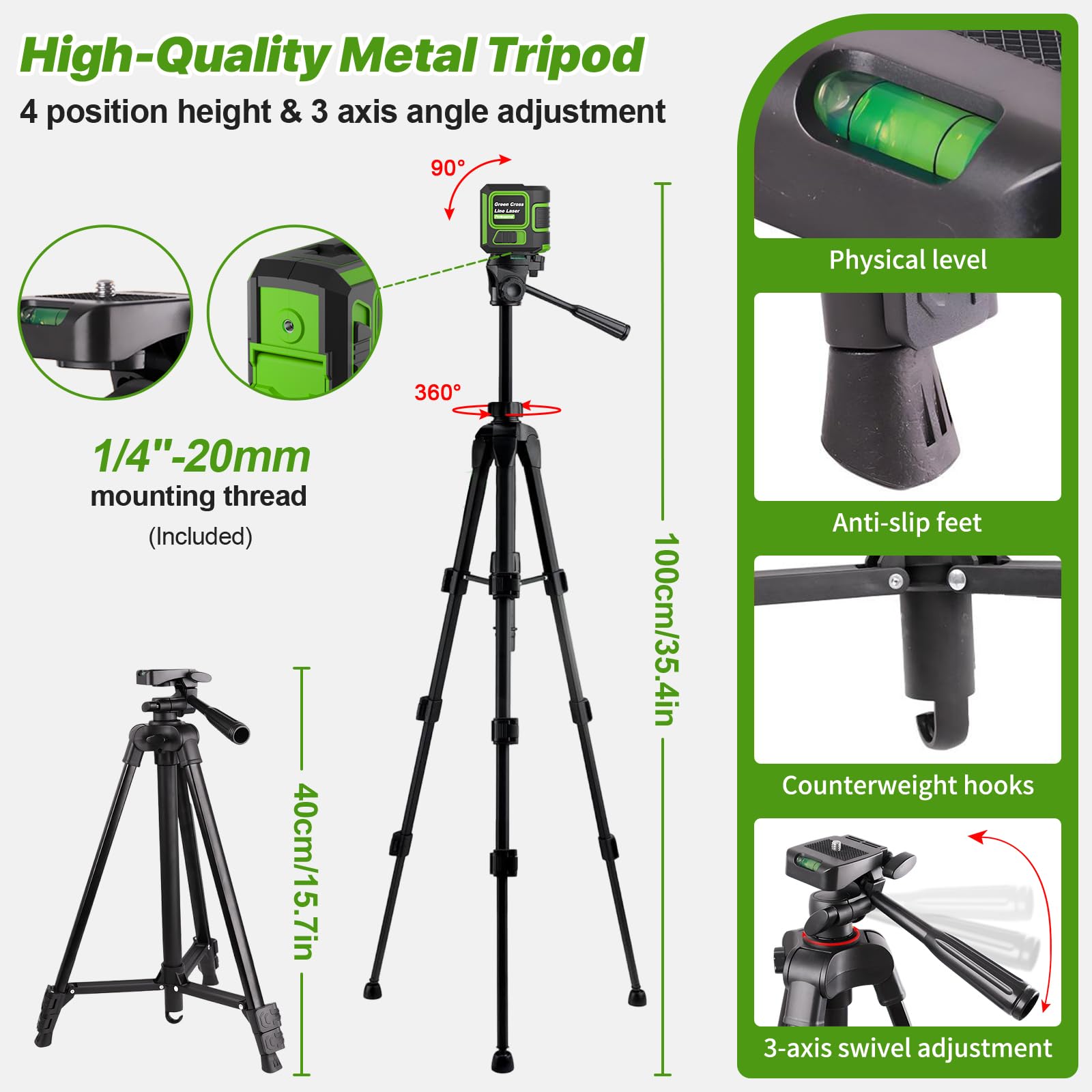 Nivel Laser con Tripode, Nivel Laser Autonivelante 360 Grados, Resistente al Agua IP54 y Brillo Ajustable, Laser Verde para Diseño de Interiores y Obras (con 2 Pilas AA)