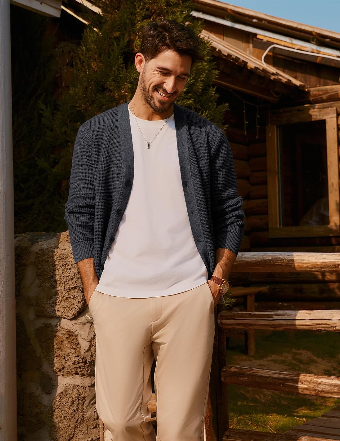 PJ PAUL JONES Mens Waffle Textured Cardigan Sweater Long Sleeve V-Neck Knitted Sweaters - Image 8