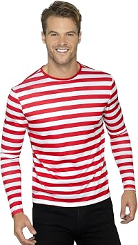 Smiffys Stripy T-Shirt, Red with Long Sleeve, Circus Fancy Dress, Adult Dress Up Costumes