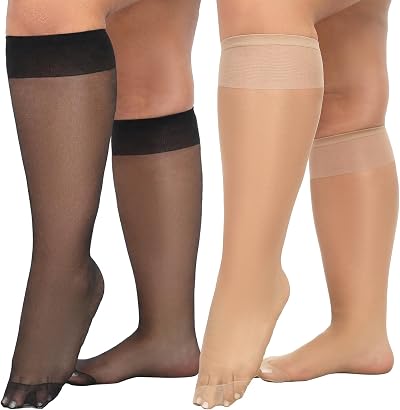 MANZI 6 Pairs Plus Size Knee High Stockings for Women 15D Sheer Socks