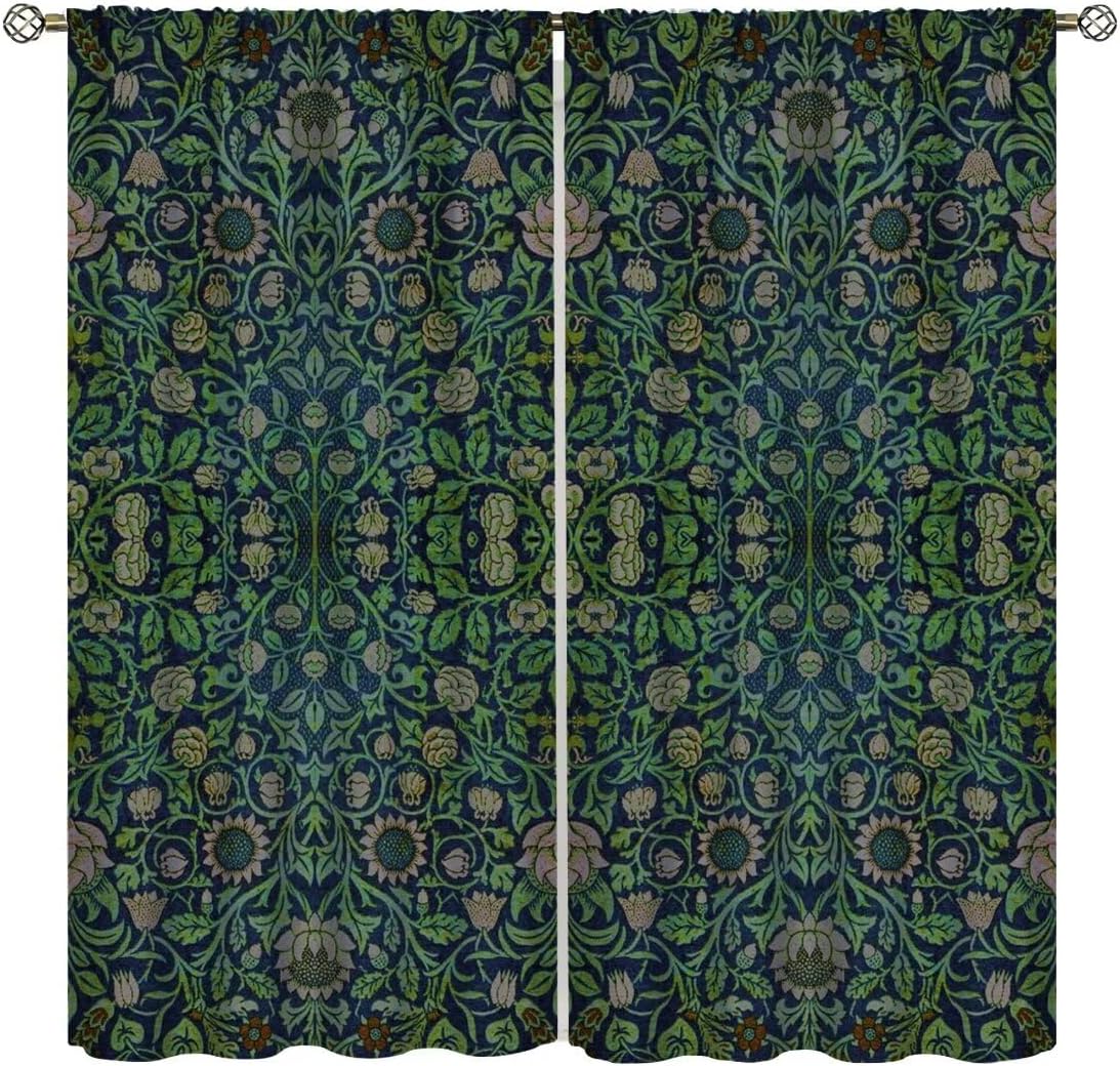 Cortinas de hojas vintage, estilo William Morris, cortinas de tela de poliéster verde para dormitorio, sala de estar, cocina, bolsillo para barra,