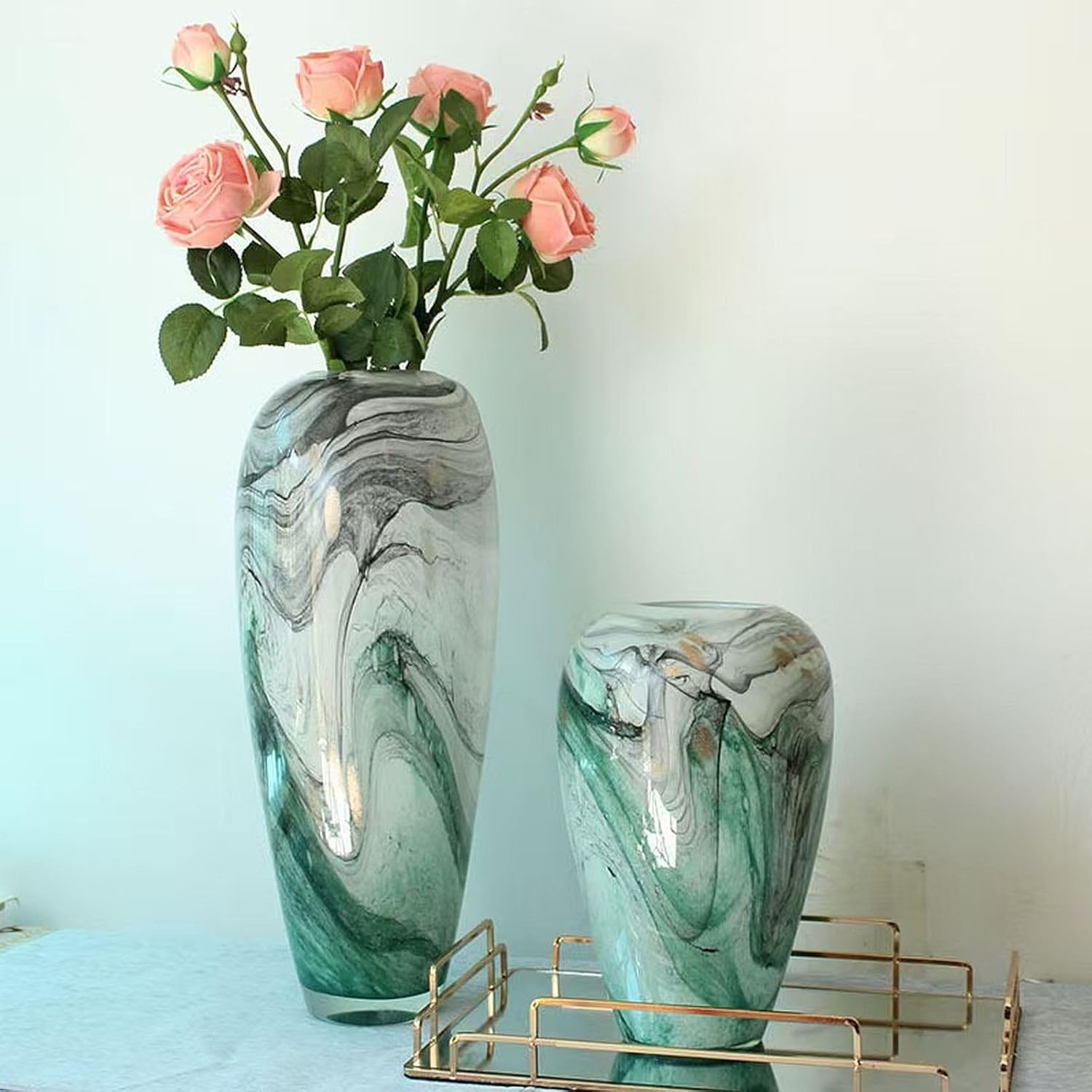 Huge Crystal Glass Vase, Ink Painting Art Vase, Light Luxury Style for Home Decor, Centerpiece, Office, Flowers and Buds (Small Green) - Image 9