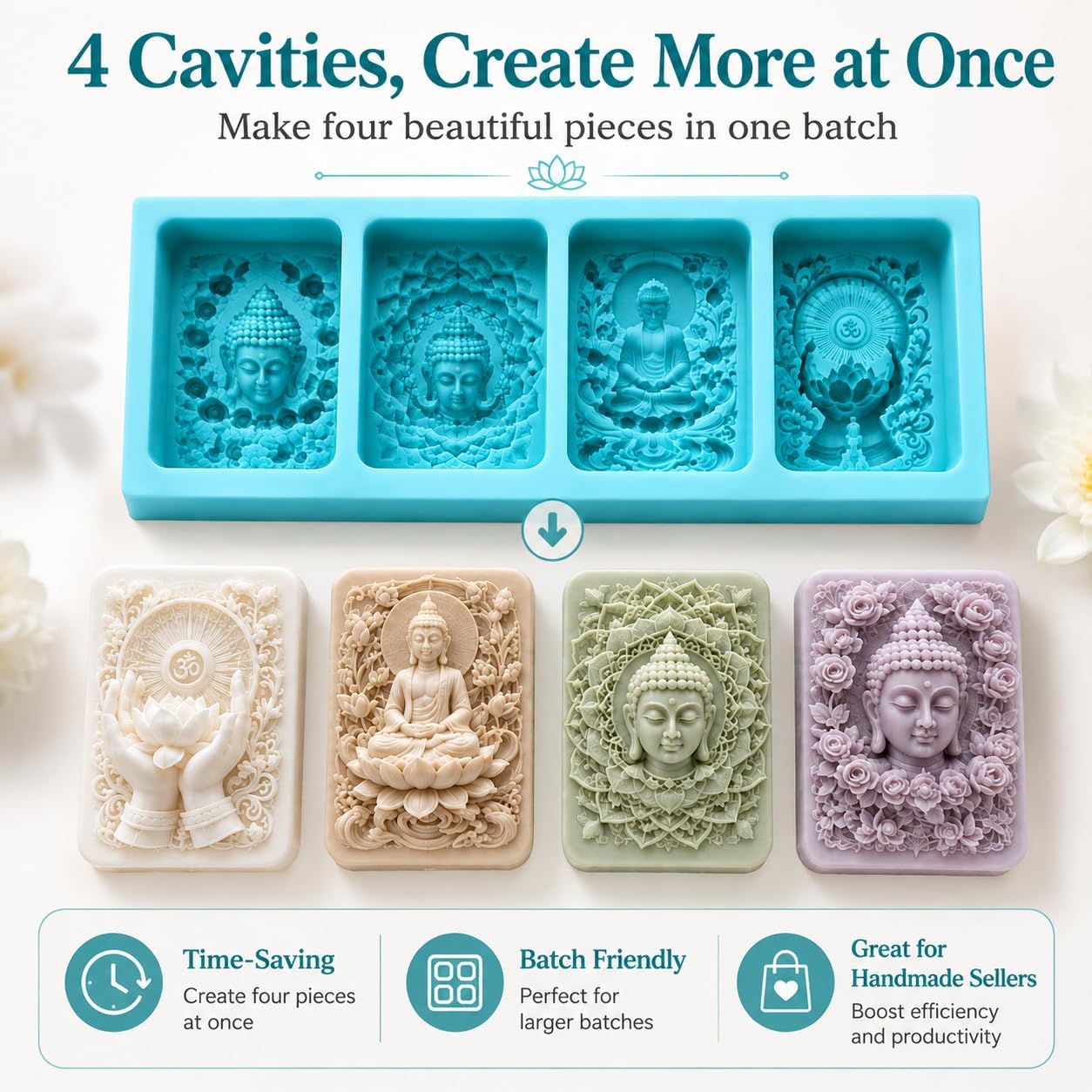 4 Cavity Buddha Soap Mold, Lotus Flower Silicone Mold for Handmade Soap Making, Spiritual Mandala Candle Mold with Rose Relief Design, Aromatherapy Wax Resin Craft Mold for DIY Soap, Candles, Plaster