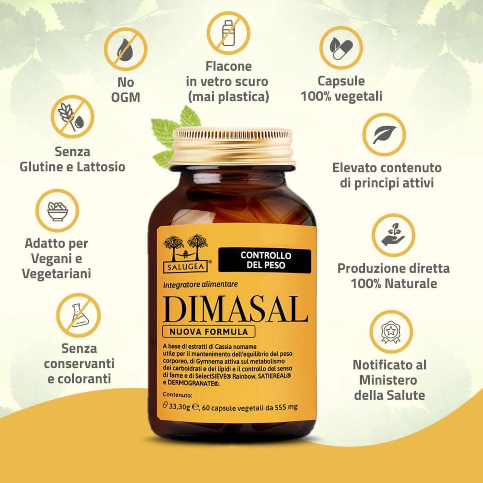 Dimasal Nuova Formula Salugea - Integratore per il controllo del peso forma, fame nervosa e metabolismo - SENZA ALGHE MARINE E CAFFEINA. 60 capsule in flaconi vetro scuro - 100% naturale