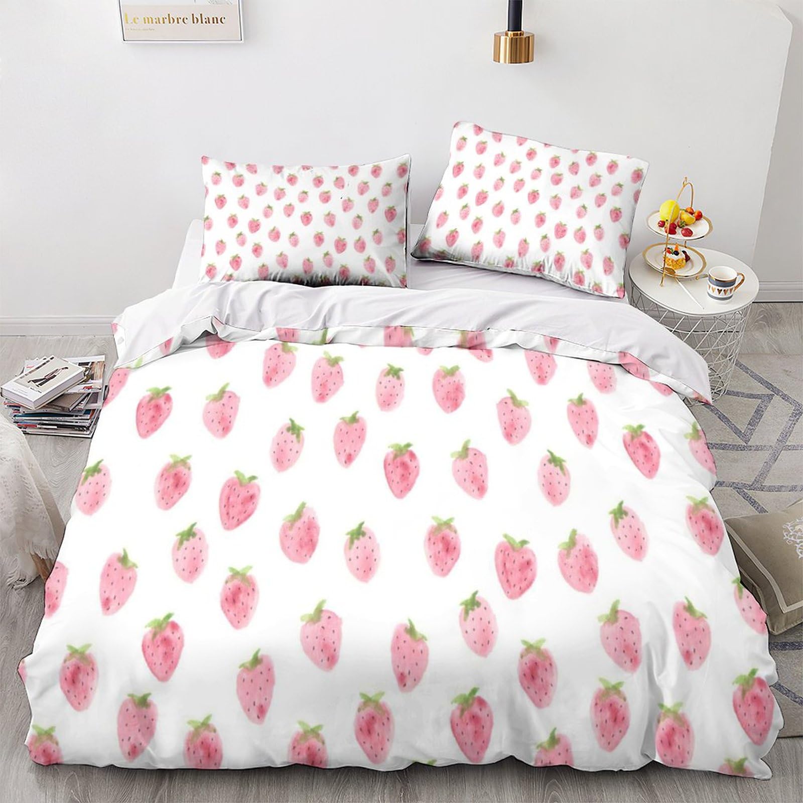 Parure de lit imprimé mignon fraises 3D housse de couette king 220x240 literie microfibre