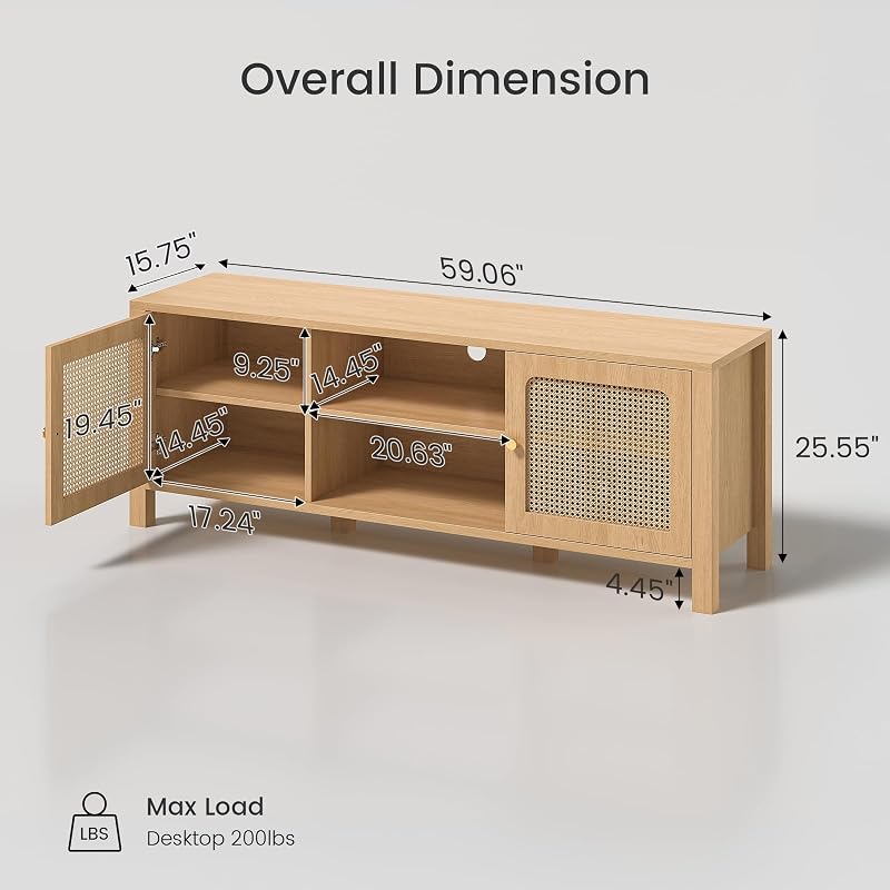 Sikaic Rattan TV Stand with Adjustable Shelf and Open Shelves, Natural Oak image 2