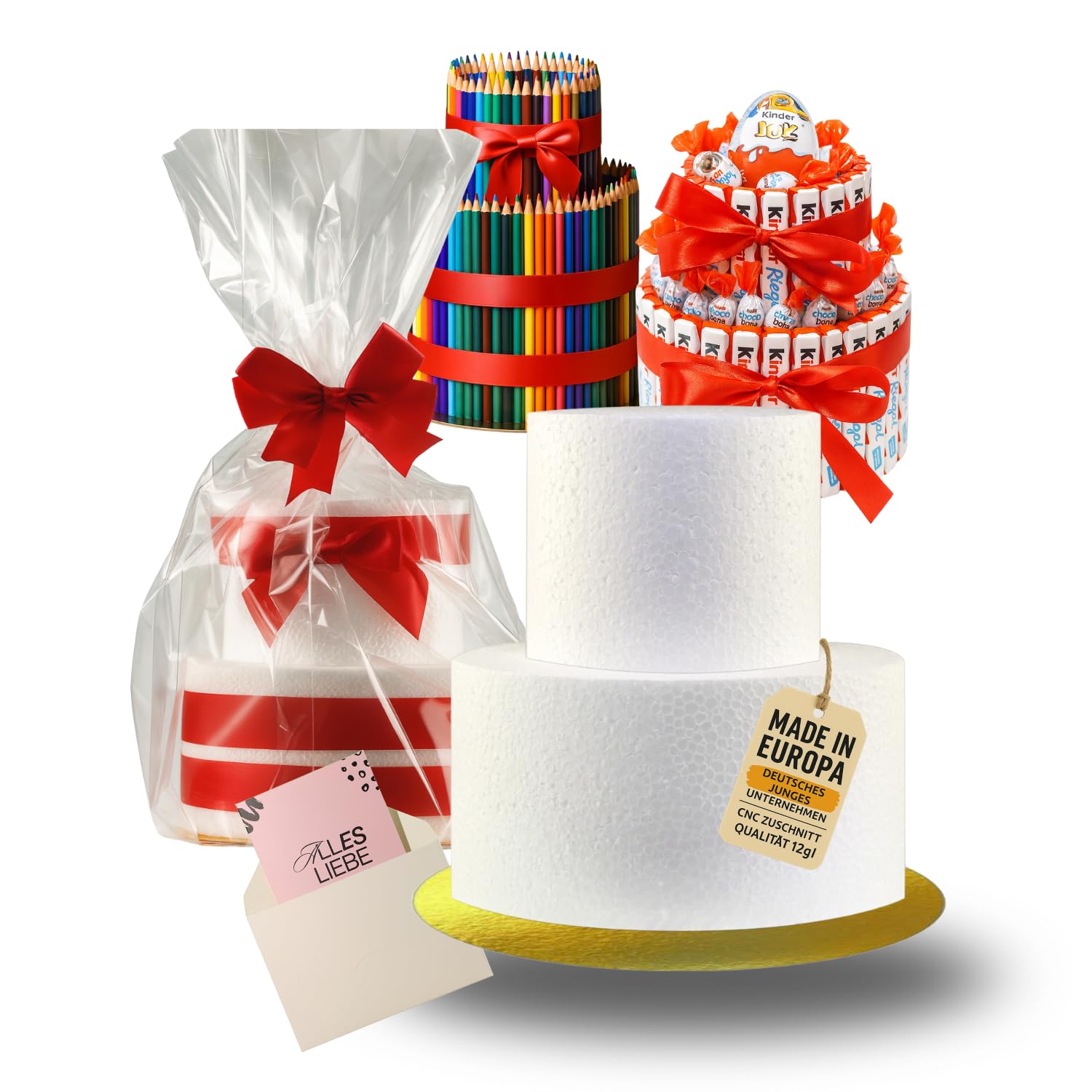 Styropor Torte - 2 Etagen - DIY Bastelbox Set - Besteht aus 15 Einzelteilen – Gestalten Sie Ihr individuelles Geschenk –