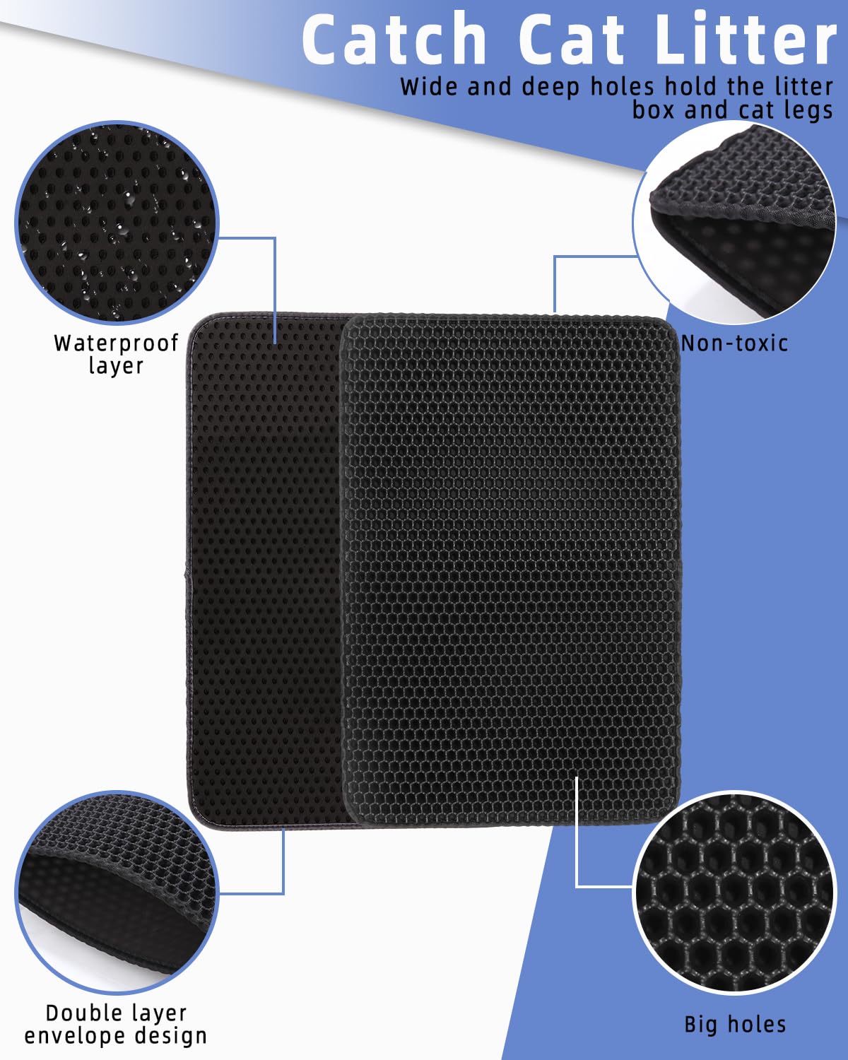 TIDEVAN Tappetino per Lettiera Gatti 60x40 cm Tappeto Gatti Lettieragatto Tappetini Tappetino Gatto Grandi Fori Tappetino Impermeabile Doppio Strato Tappetino Lettiera Gatto a Nido d'Ape (Nero)