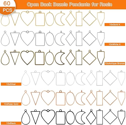 Miniatura 2 de 60 colgantes de bisel con espalda abierta, 10 estilos de marco hueco para joyas y aretes, collares, pulseras, manualidades (6 colores)