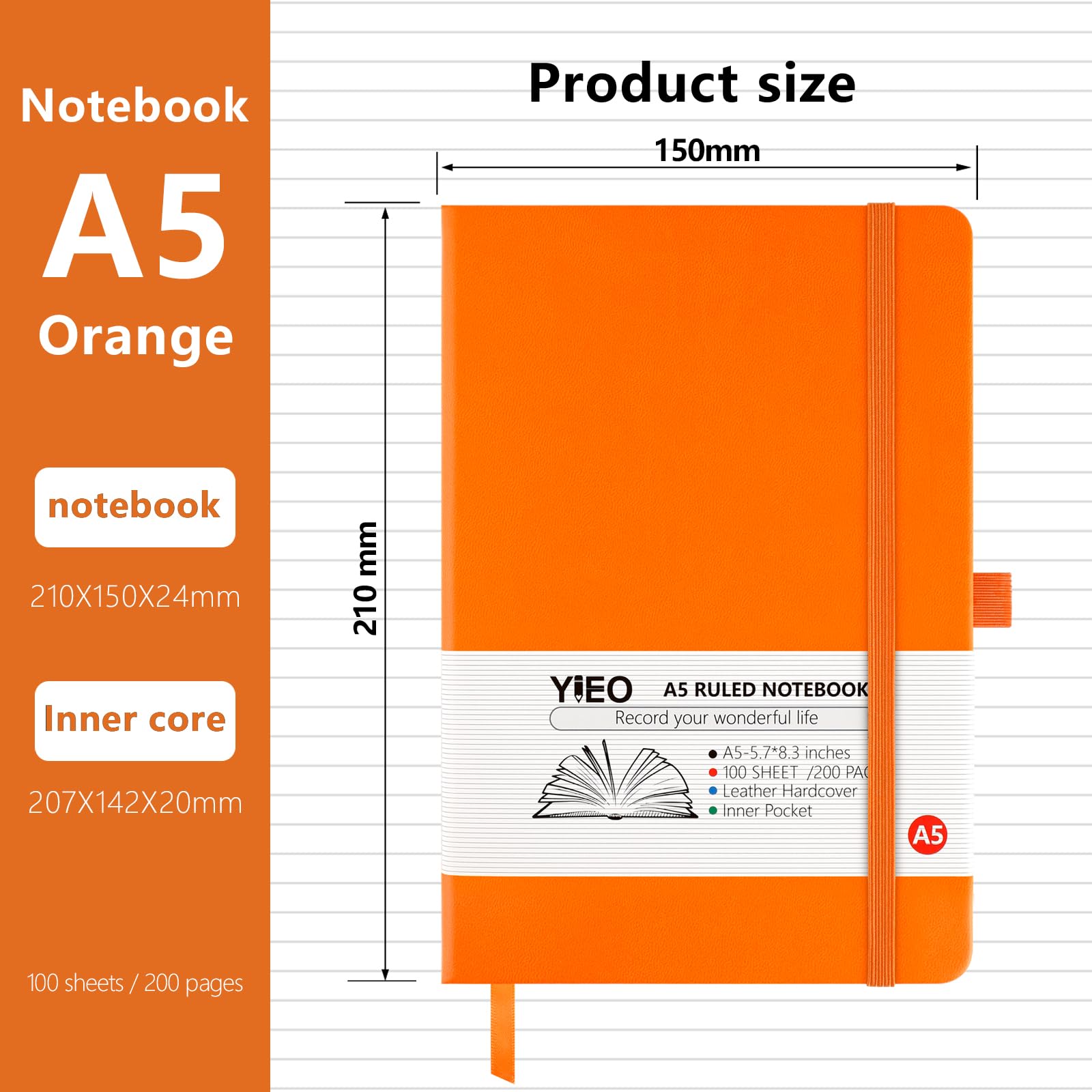 YIEO Notebook A5, 2 Pack Hardback Journal Notebook with 398 Lined Pages 80 GSM Leather Notepad with Bookmark - Image 2