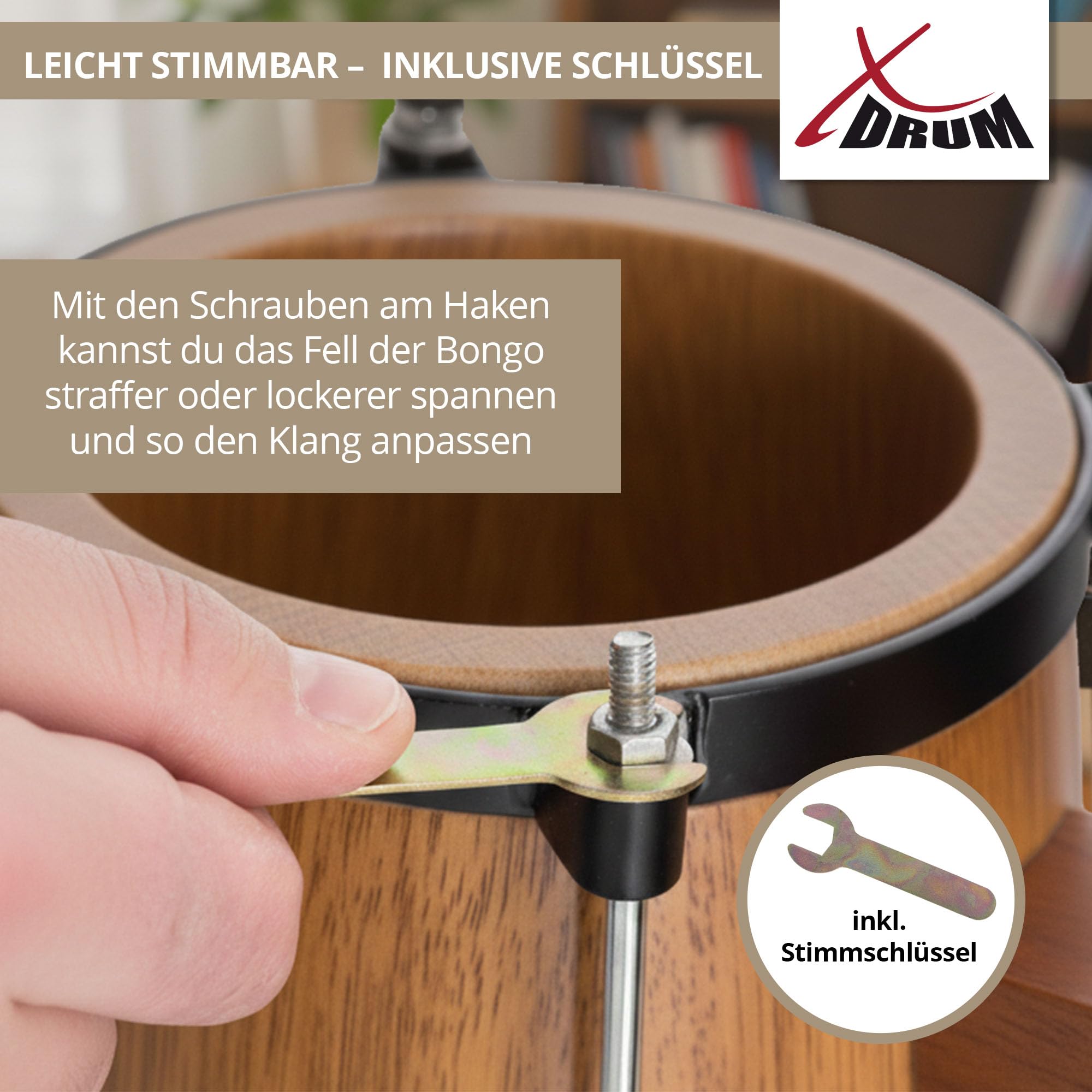 Set XDrum Bongos Club Tobacco incl. Bolsa para Bongos, Parches naturales | 2 tambores ("macho" y "hembra"), Tamaños de bongos: 6" y 7", Madera: abedul, Herrajes cromados, Medidas (Al x An x Pr): 16