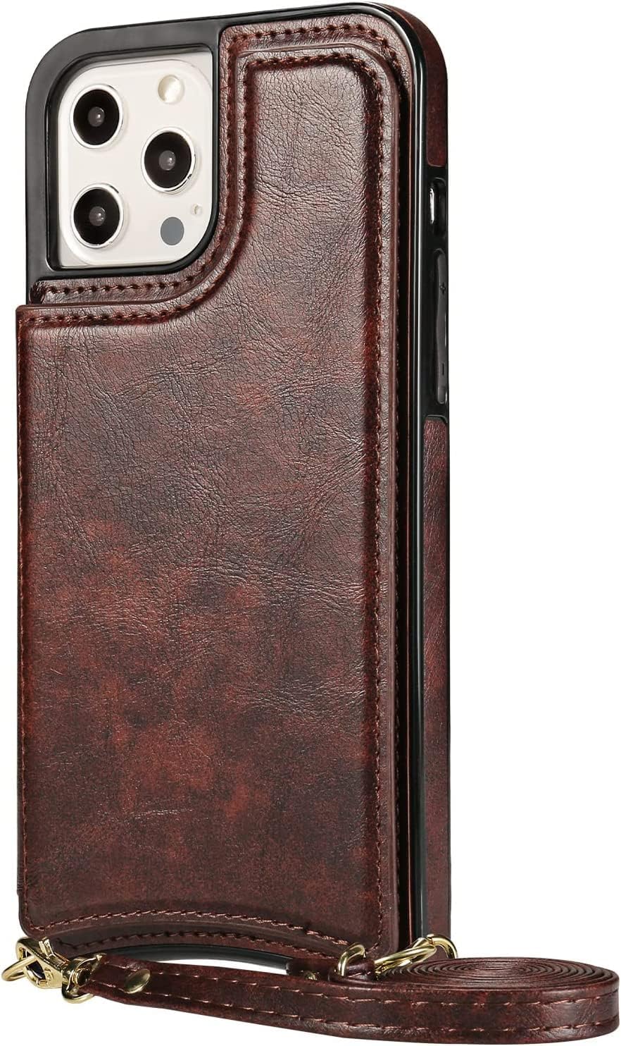 Crossbody Lanyard Case for iPhone 14/14 Plus/14 Pro/14 Pro Max with Card Holder, Flip Premium Leather Slim Back Stand Wallet Case Magnetic Clasp Shockproof Cover (Color : Brown, Size : 14)