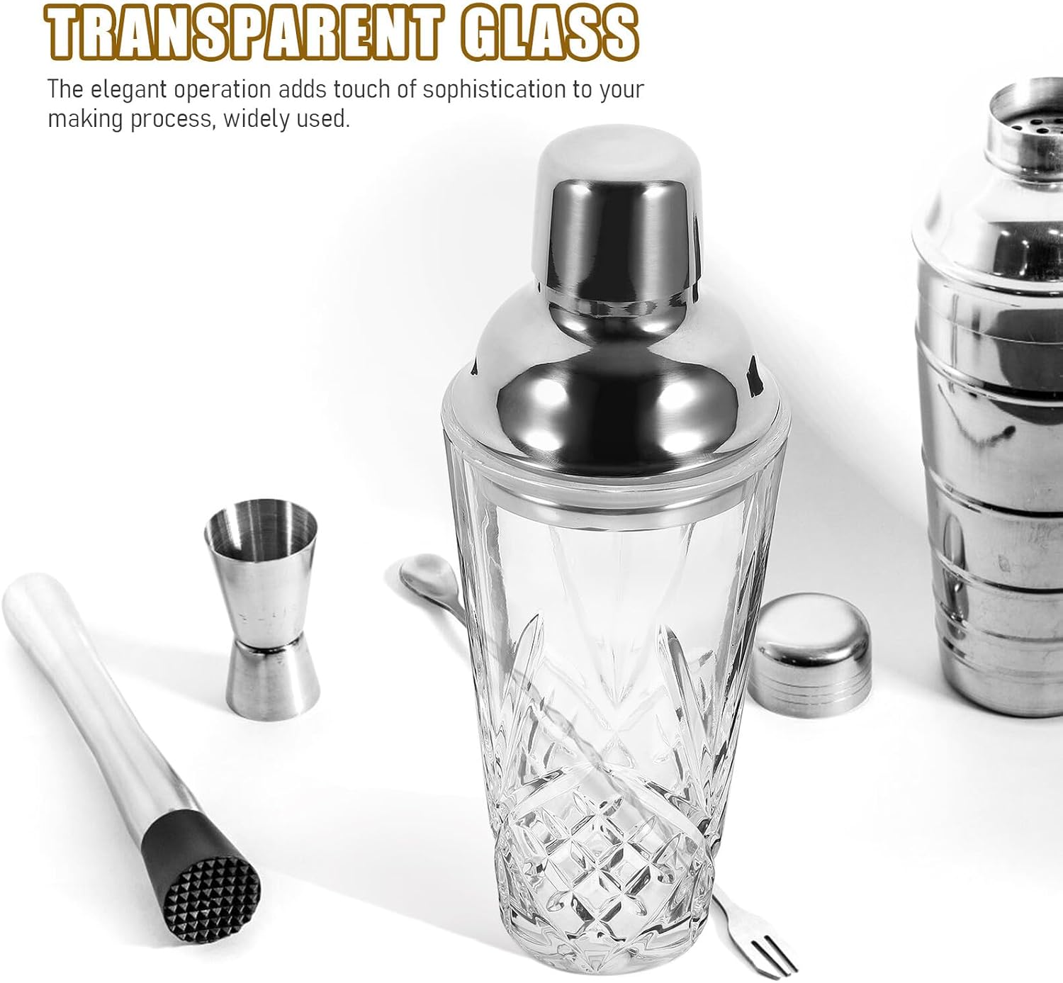 Glass Cocktail Shaker with Silver Stainless Steel Lid, Beverage Mixing Cup for Bartenders and Home Bar, Cocktail Drink Shaking Cup for Professional Mixology and Party Use