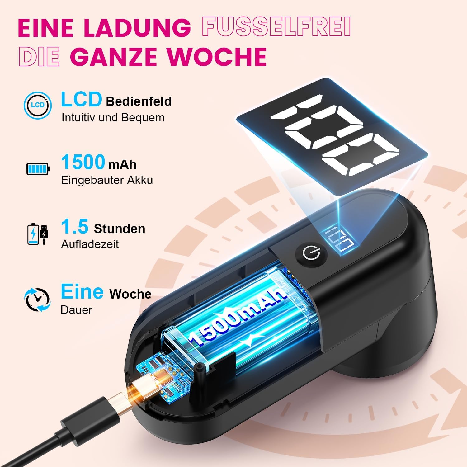 Ziitty Fusselrasierer Elektrisch, Tragbarer Aufladbar Fusselentferner, LED-Anzeige, Kompletter Fusselrasierer für alle Stoffe mit 3 Klingen, Typ-C-Ladekabel und Reinigungsbürste (Schwarz) - 3